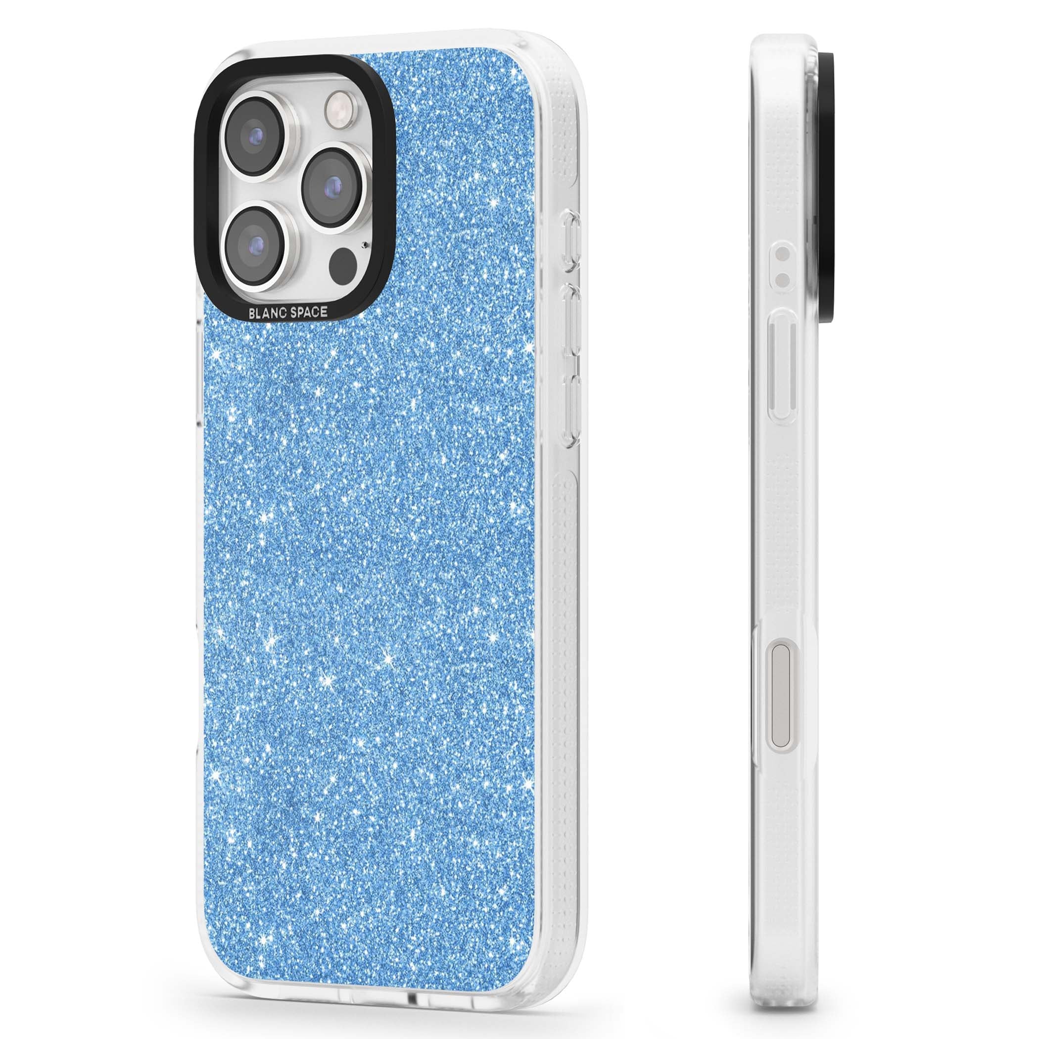Blue Glitter blue glitter iPhone case featuring dense sparkling cerulean glitter with a glamorous shimmering finish | Clear Case Impact Air case for iPhone 16 Pro, iPhone 16 Pro Max