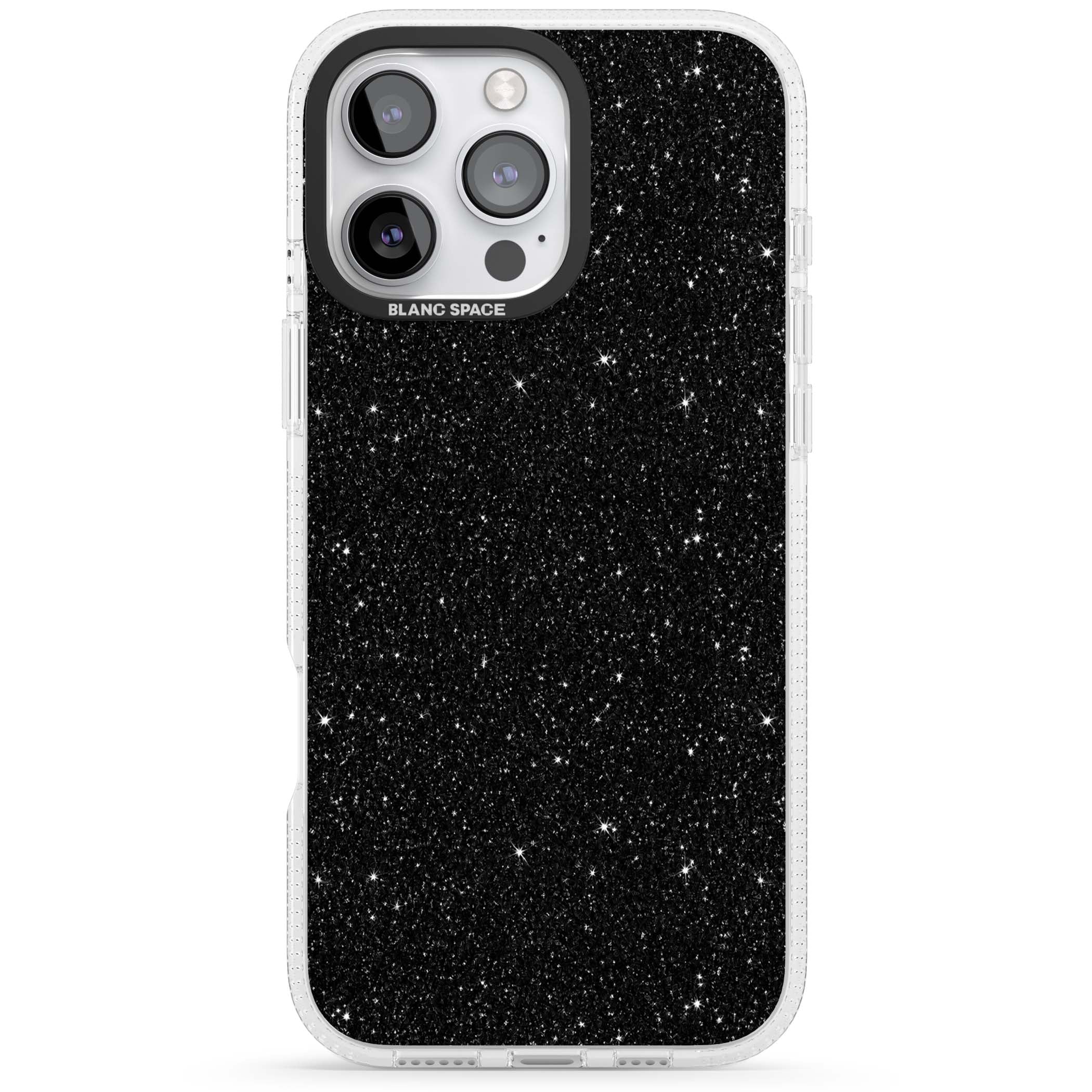 Black Glitter black glitter iPhone case featuring an all-over sparkly shimmer pattern on a jet black base | Clear Case Impact Air case for iPhone 16 Pro, iPhone 16 Pro Max