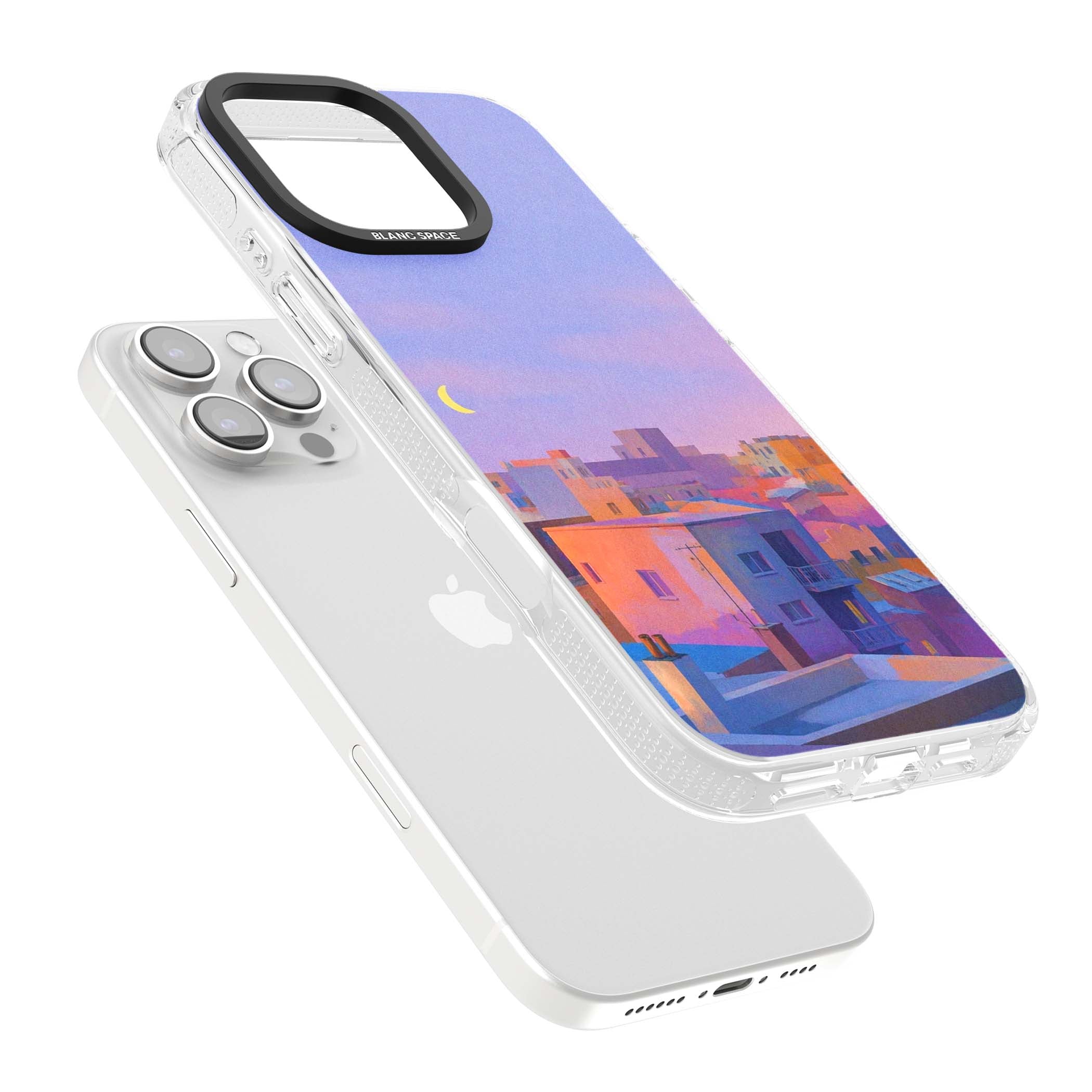 Twilight Rooftops vaporwave iPhone case featuring a pastel sunset cityscape, painted rooftops and a crescent moon. | Clear Case Impact Air case for iPhone 16 Pro, iPhone 16 Pro Max