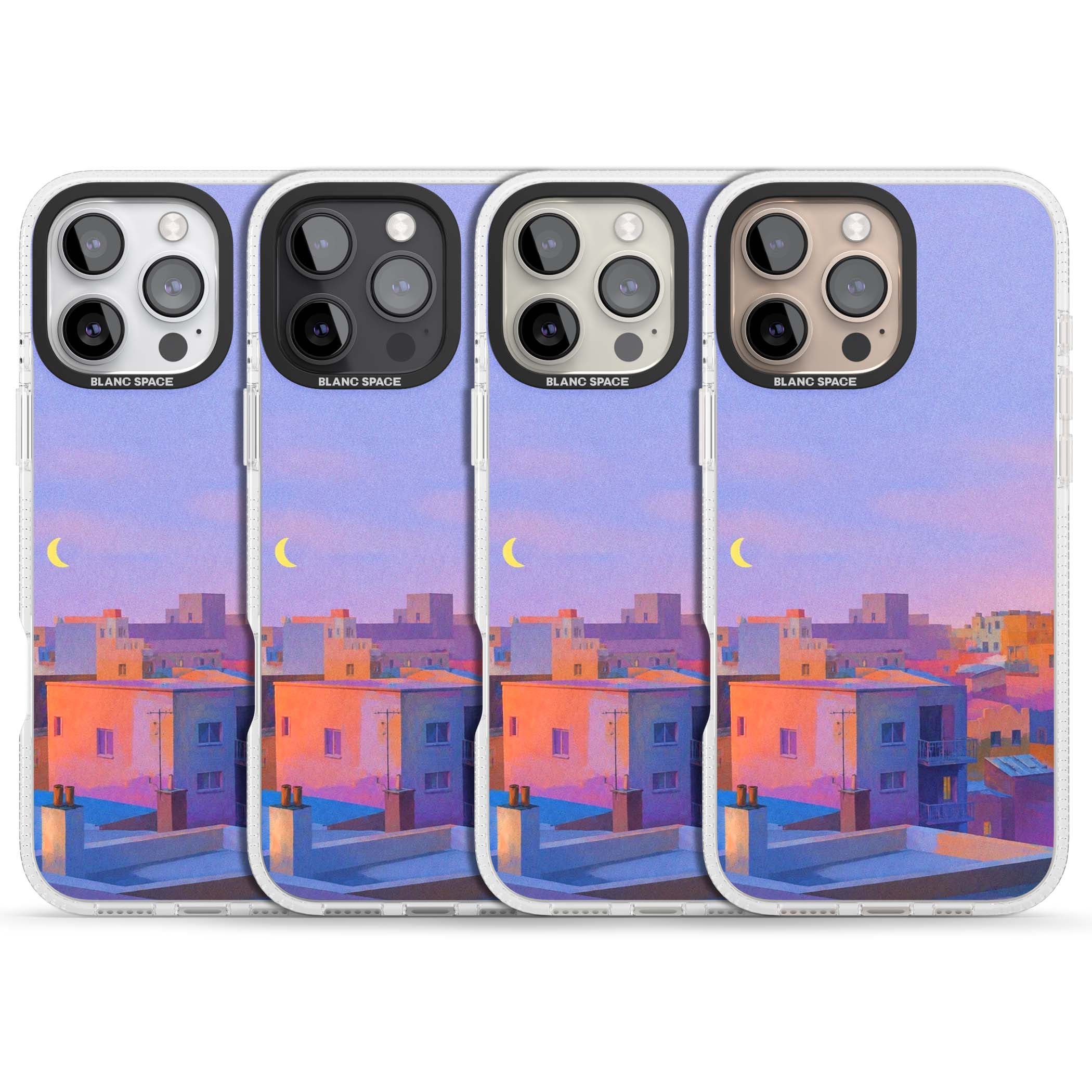 Twilight Rooftops vaporwave iPhone case featuring a pastel sunset cityscape, painted rooftops and a crescent moon. | Clear Case Impact Air case for iPhone 16 Pro, iPhone 16 Pro Max