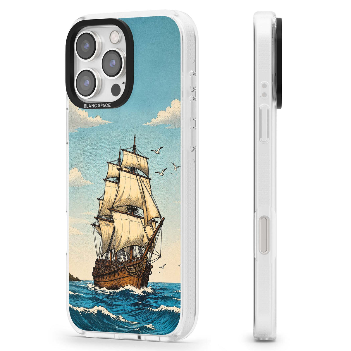 Ship at Sea nautical iPhone case featuring a vintage tall ship, ocean waves and seagulls | Clear Case Impact Air case for iPhone 16 Pro, iPhone 16 Pro Max