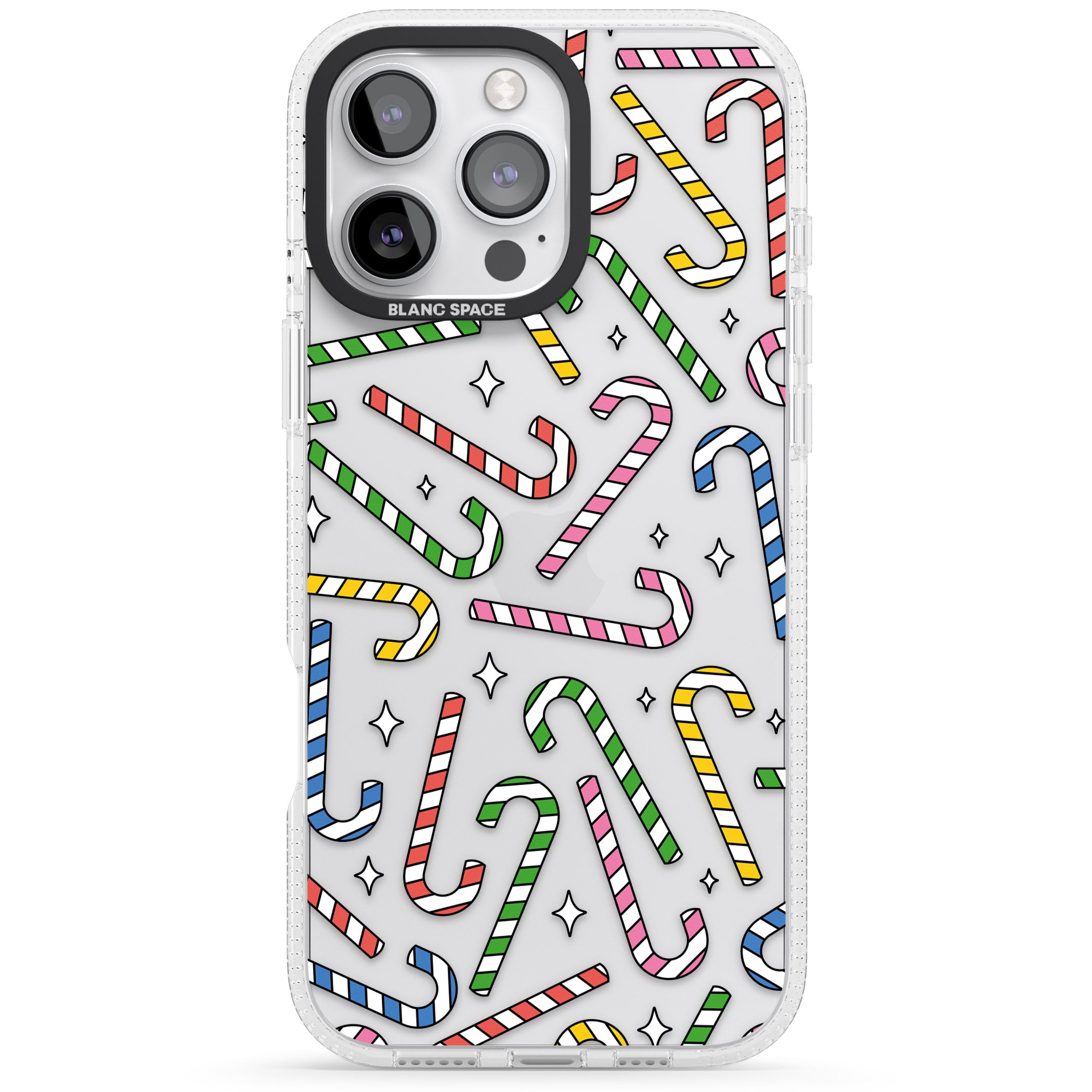 Colourful Stars & Candy Canes iPhone 16 Pro Max / 16 Pro Clear Case Impact Air - Blanc Space