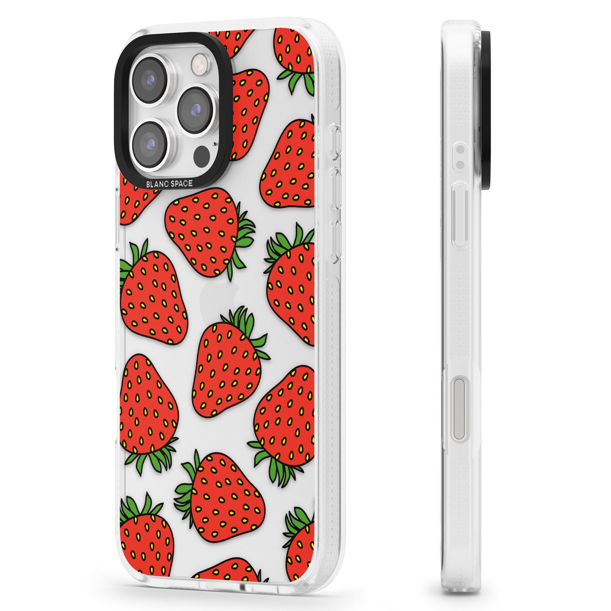 Strawberry Pattern iPhone 16 Pro Max / 16 Pro Clear Case Impact Air - Blanc Space