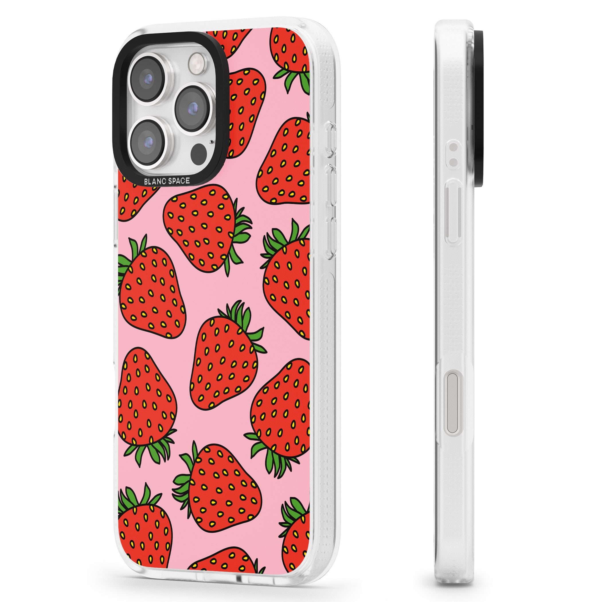 Strawberry Pattern (Pink) iPhone 16 Pro Max / 16 Pro Clear Case Impact Air - Blanc Space