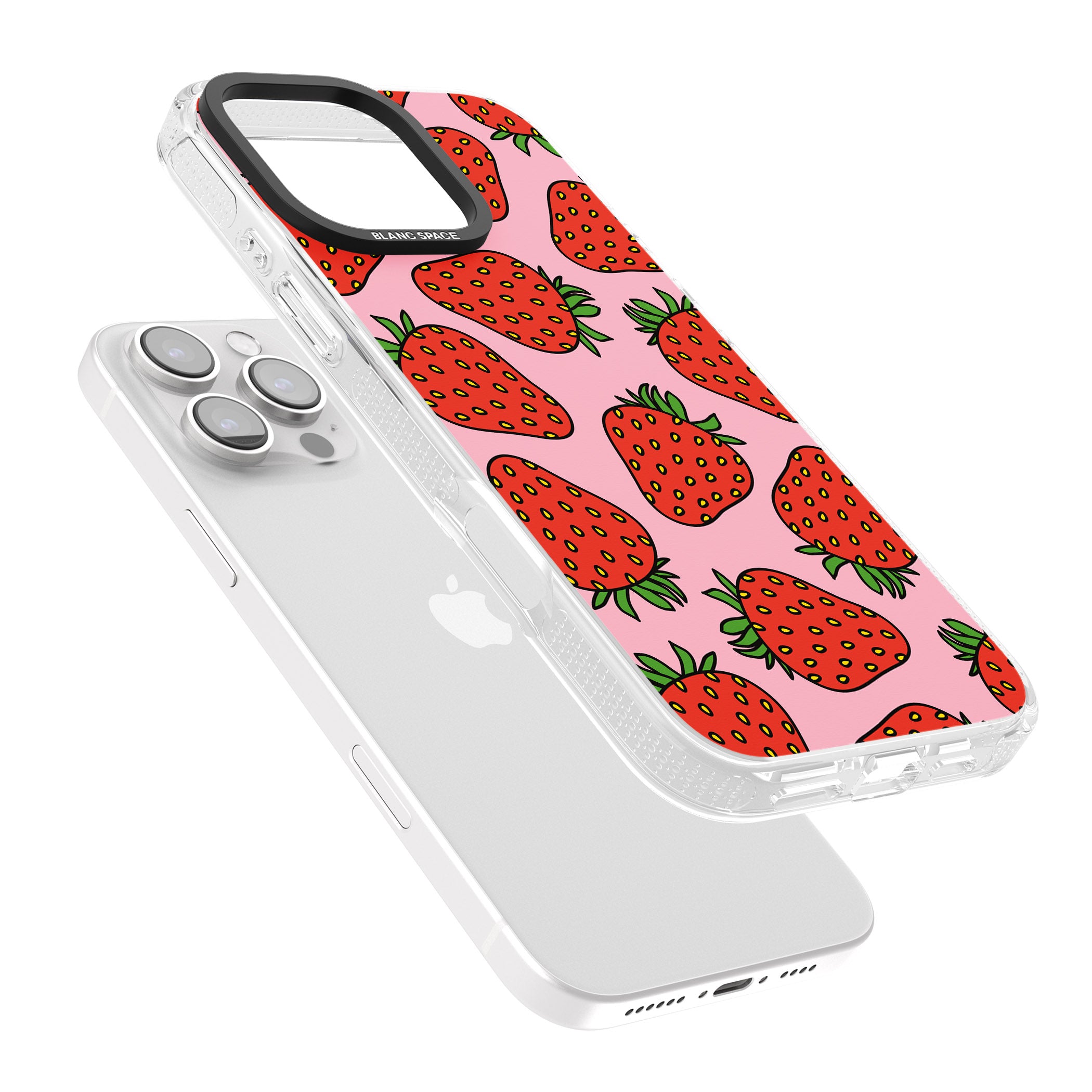 Strawberry Pattern (Pink) iPhone 16 Pro Max / 16 Pro Clear Case Impact Air - Blanc Space