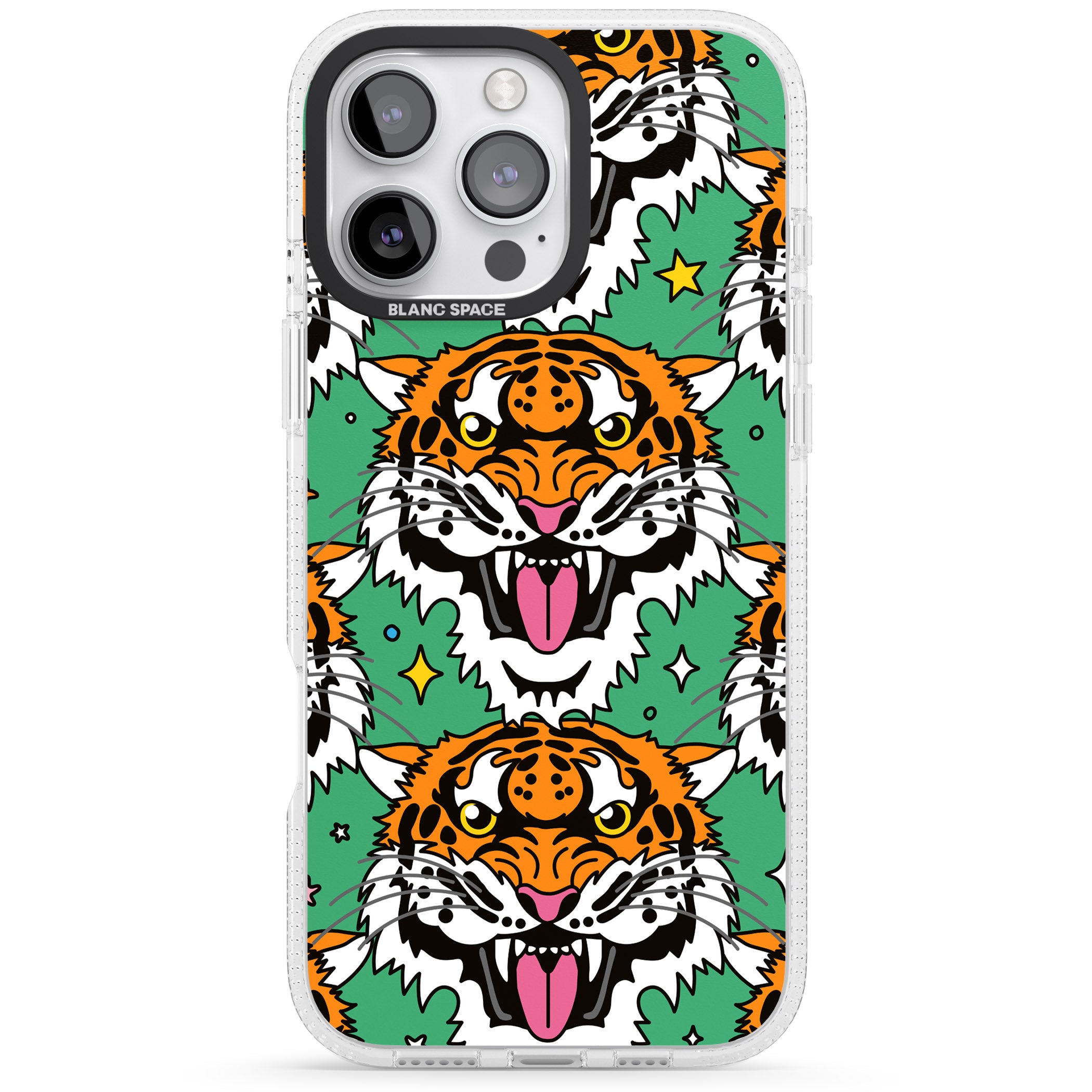 Fierce Jungle Tigers (Green) iPhone 16 Pro Max / 16 Pro Clear Case Impact Air - Blanc Space