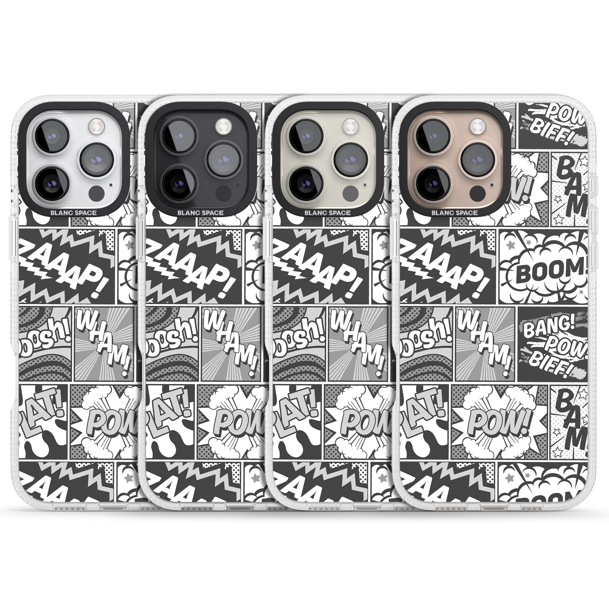 Onomatopoeia (Black & White) iPhone 16 Pro Max / 16 Pro Clear Case Impact Air - Blanc Space