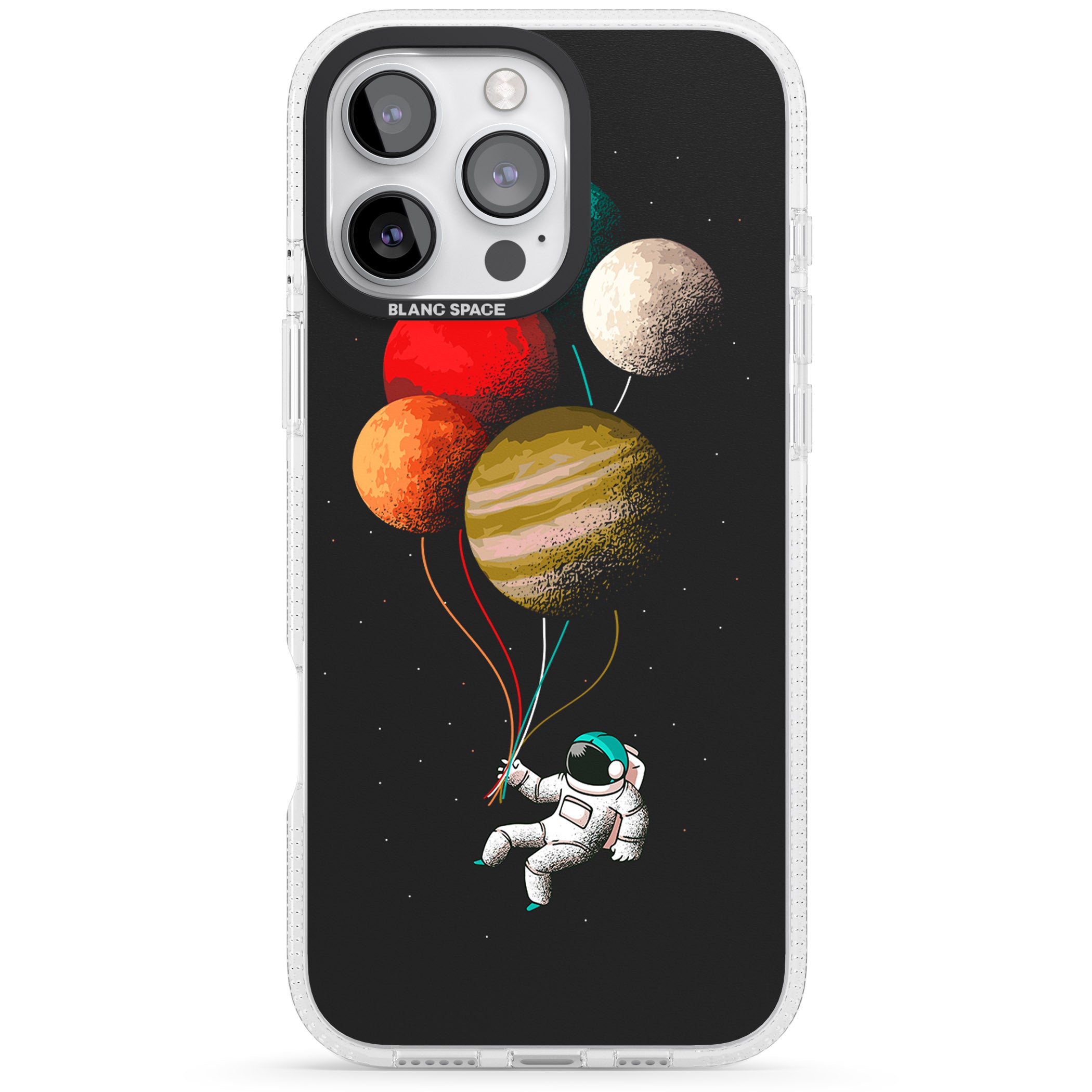 Astronaut Balloon Planets iPhone 16 Pro Max / 16 Pro Clear Case Impact Air - Blanc Space