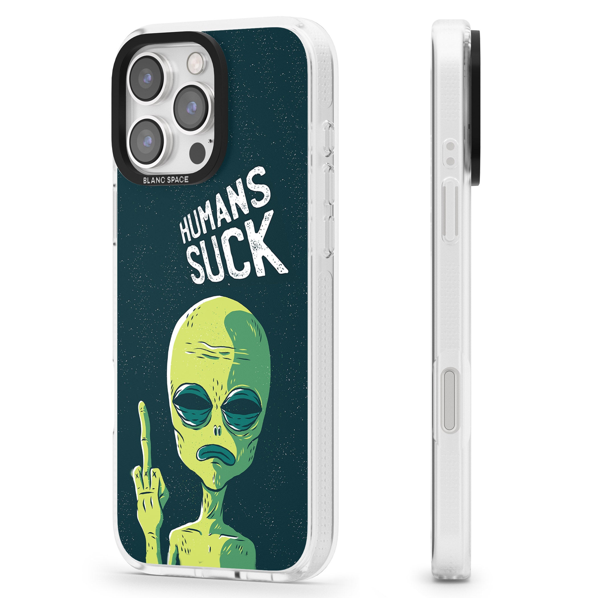 Humans Suck Alien iPhone 16 Pro Max / 16 Pro Clear Case Impact Air - Blanc Space