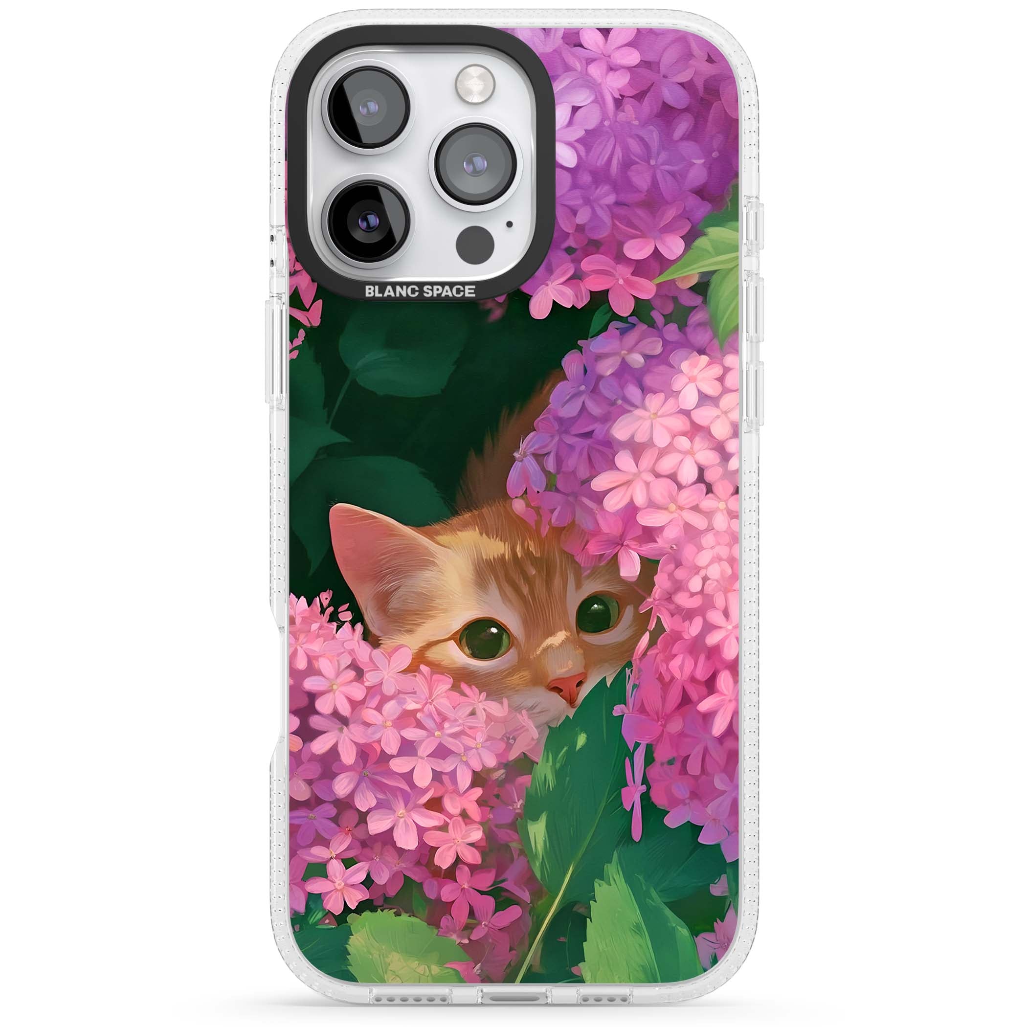 Cat In Pink Flowers cottagecore iPhone case featuring a ginger kitten peeking through lilac and pink hydrangea flo | Clear Case Impact Air case for iPhone 16 Pro, iPhone 16 Pro Max