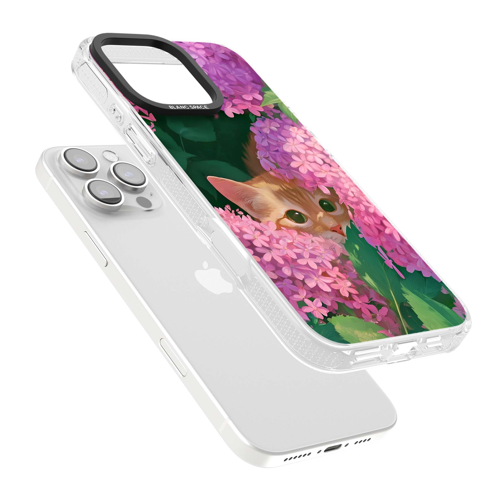 Cat In Pink Flowers cottagecore iPhone case featuring a ginger kitten peeking through lilac and pink hydrangea flo | Clear Case Impact Air case for iPhone 16 Pro, iPhone 16 Pro Max