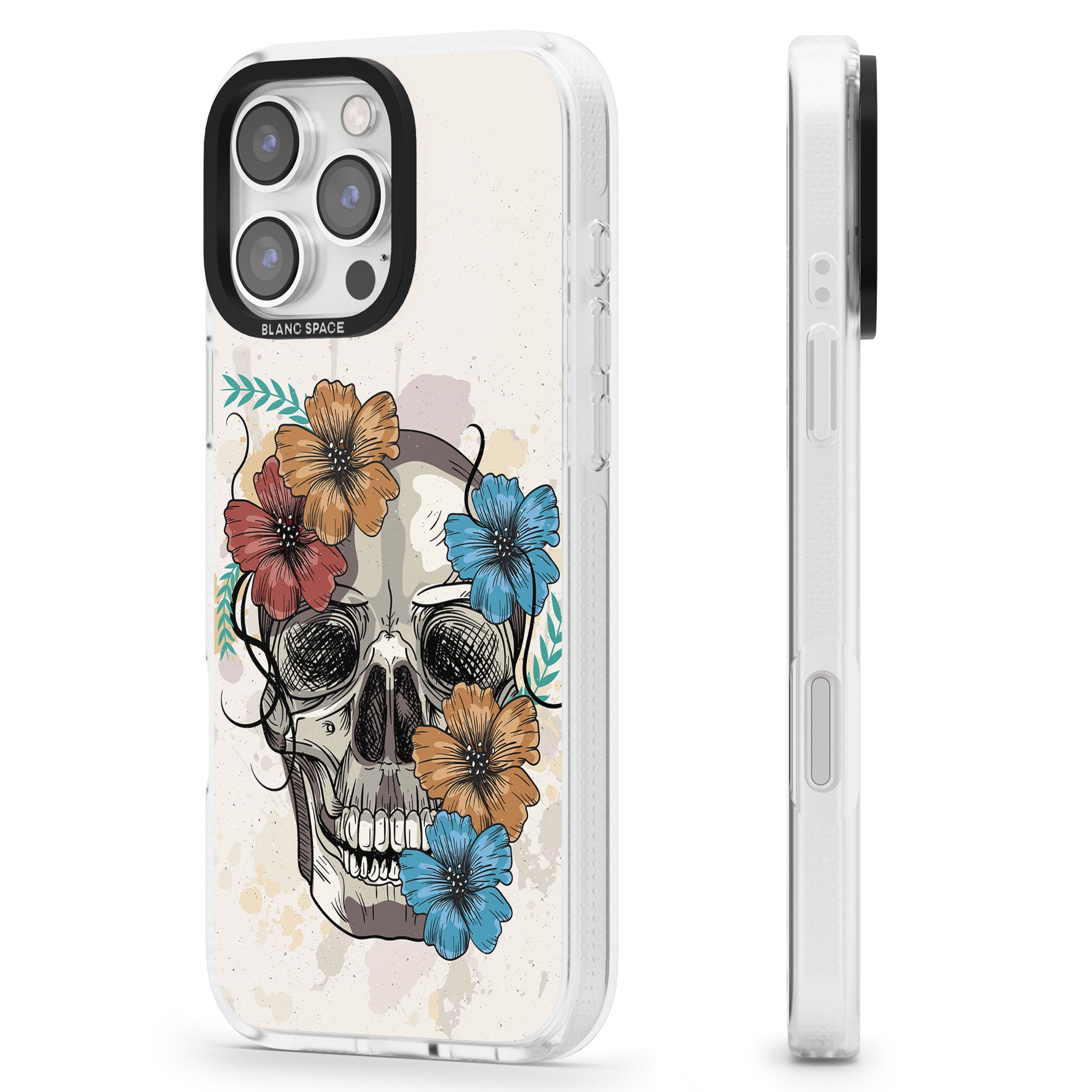 Sugar Skull Floral iPhone 16 Pro Max / 16 Pro Clear Case Impact Air - Blanc Space