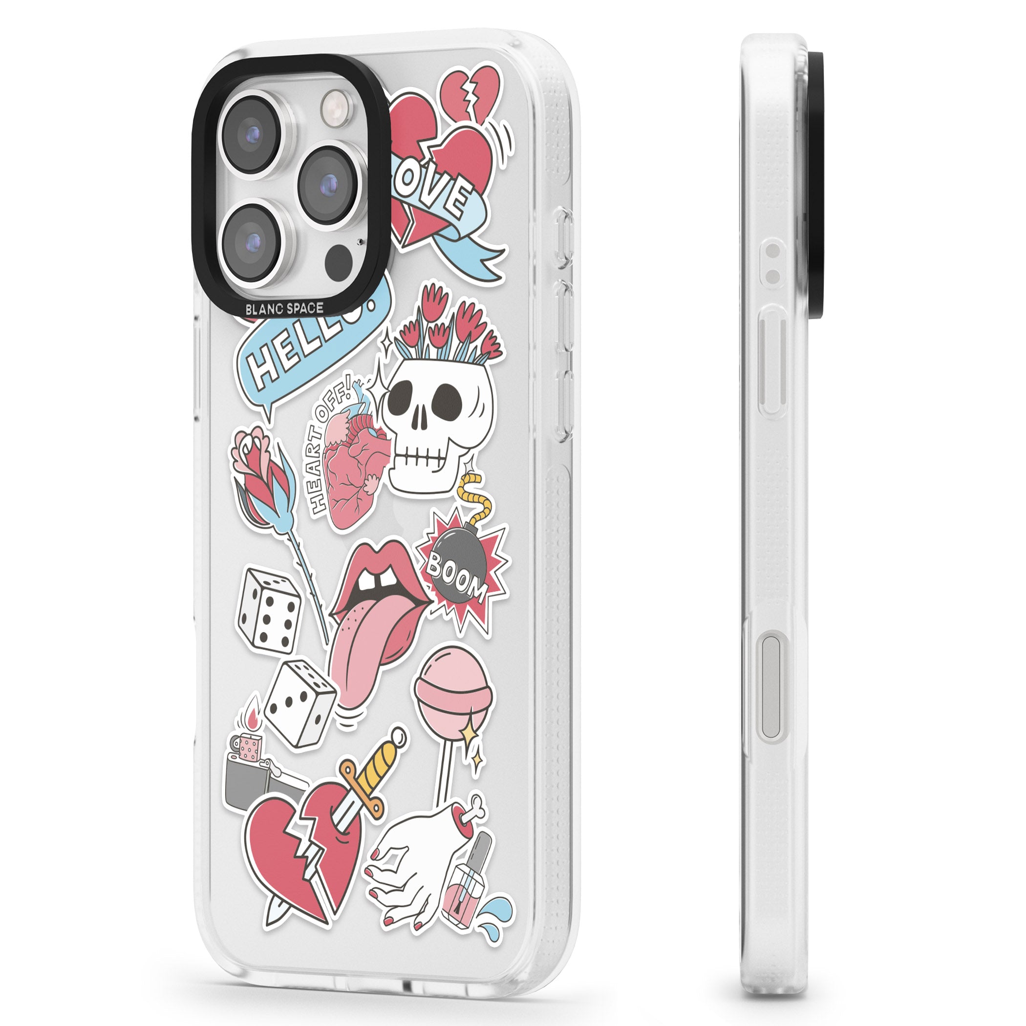 Skull & Flowers Sticker iPhone 16 Pro Max / 16 Pro Clear Case Impact Air - Blanc Space