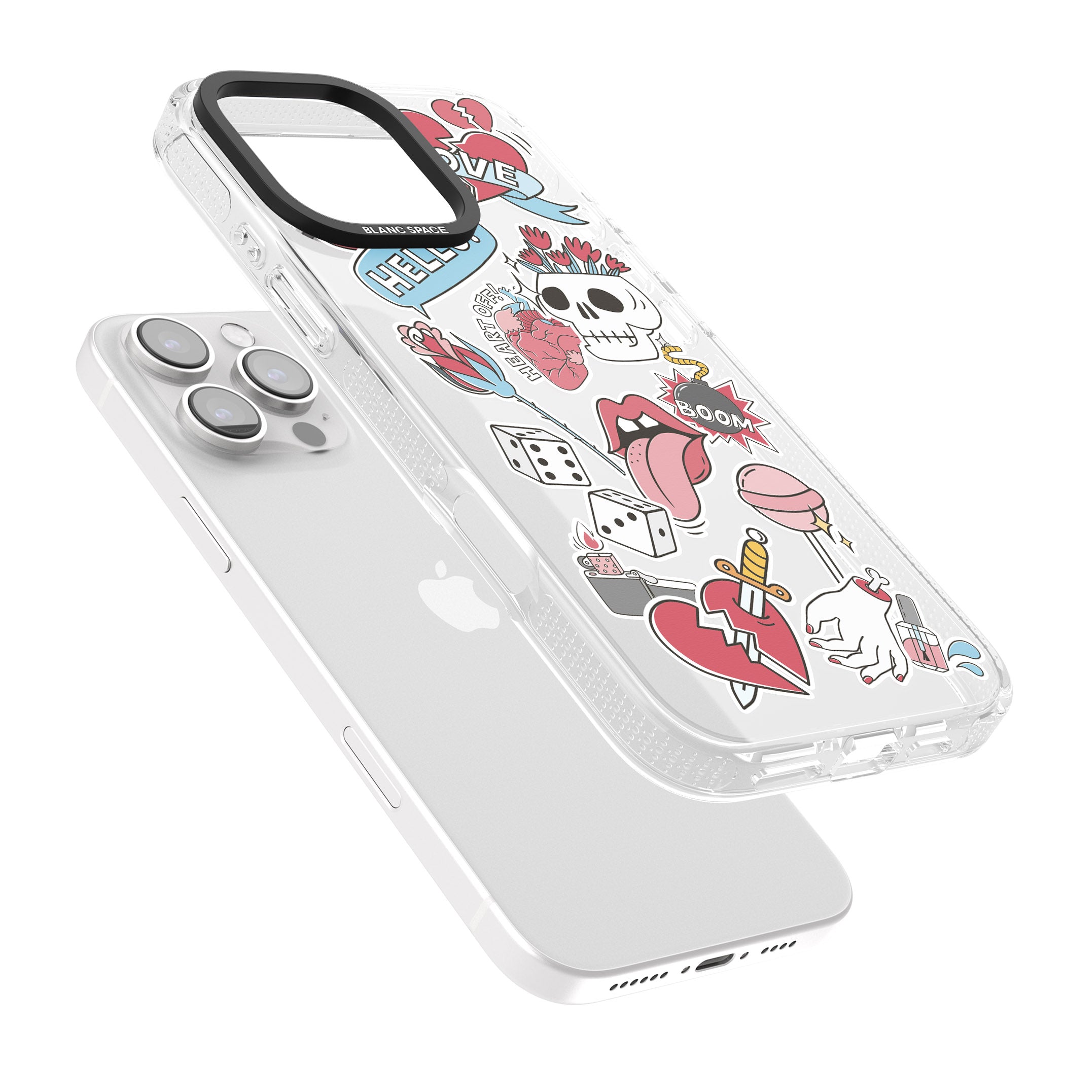 Skull & Flowers Sticker iPhone 16 Pro Max / 16 Pro Clear Case Impact Air - Blanc Space