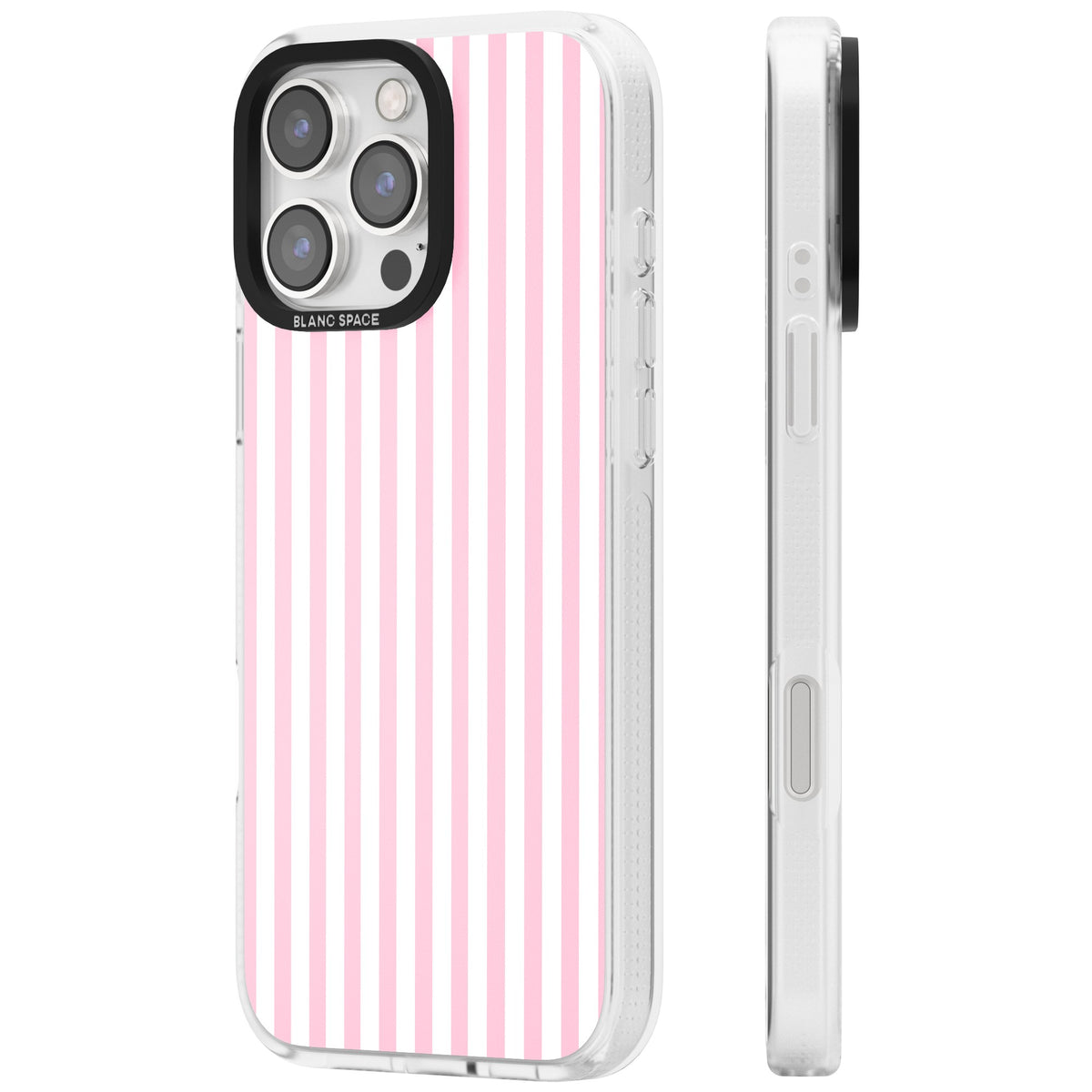 Pink Stripe preppy iPhone case featuring soft pastel pink and white vertical candy stripes iPhone 16 Pro / iPhone 16 Pro Max Impact Air Phone Case side