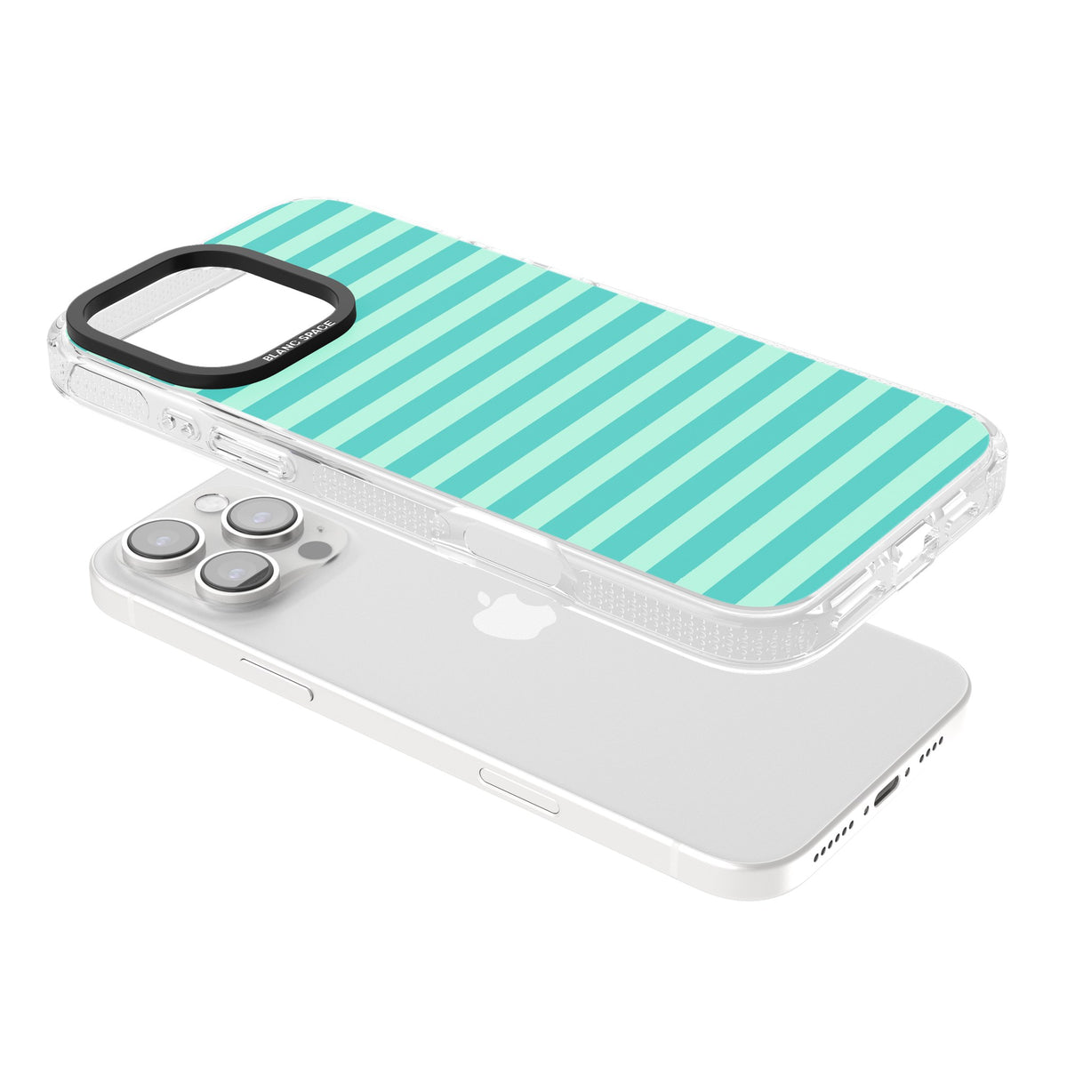 Turquoise Stripe preppy iPhone case featuring horizontal teal and mint green stripes on a black protective frame iPhone 16 Pro / iPhone 16 Pro Max Impact Air Phone Case angled