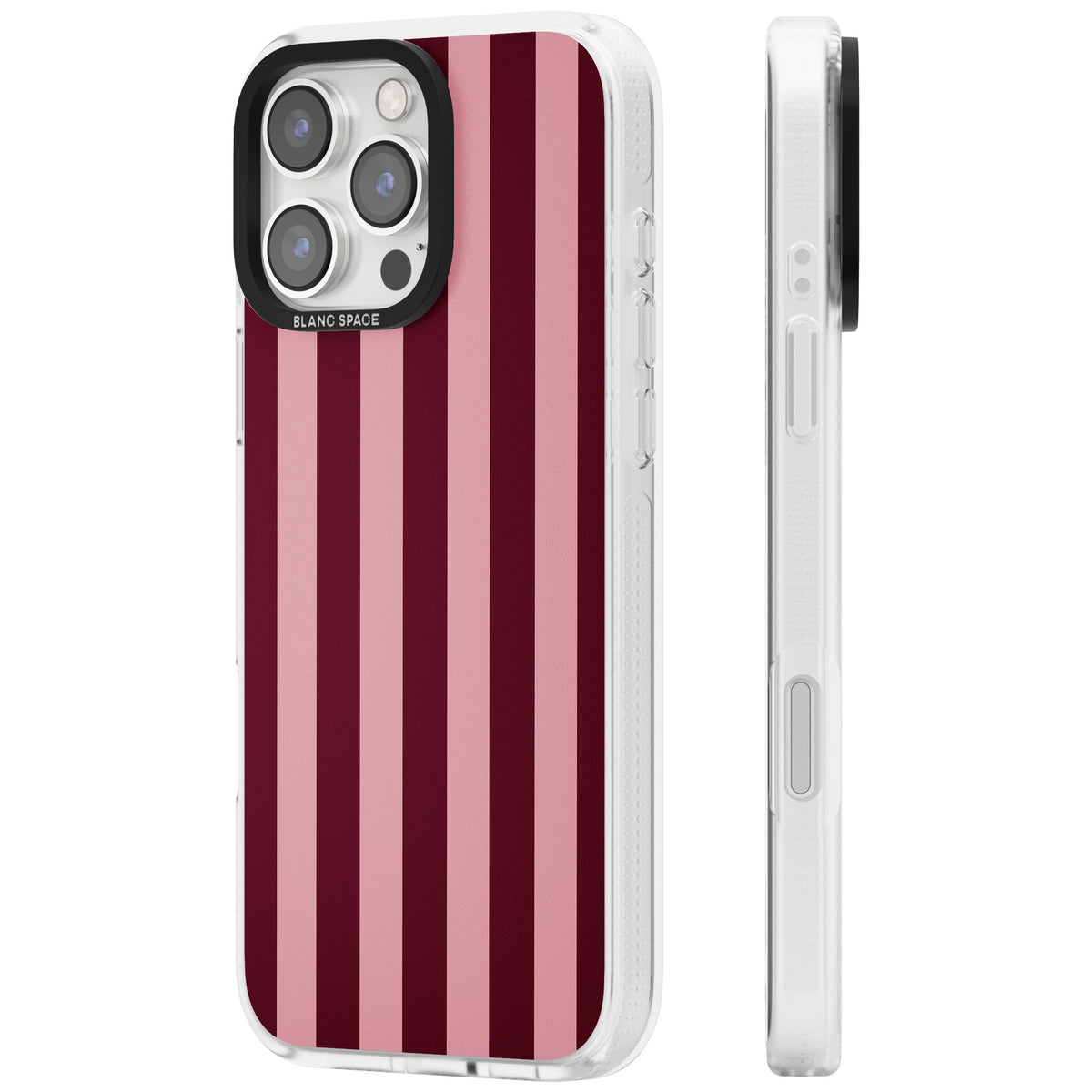 Bordeaux Belle preppy iPhone case featuring bold vertical stripes in burgundy and soft blush pink iPhone 16 Pro / iPhone 16 Pro Max Impact Air Phone Case side