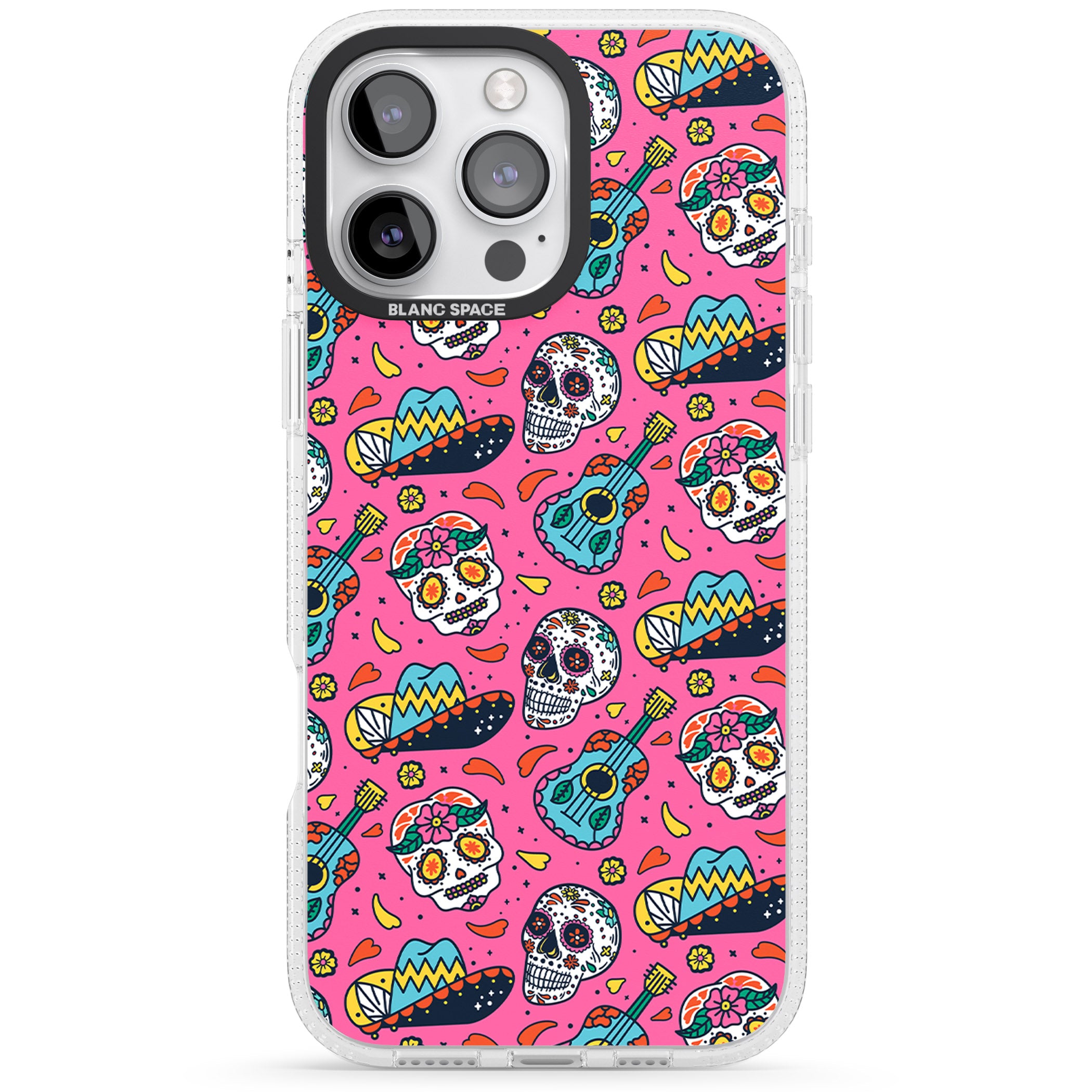 Pink Day of The Dead Pattern iPhone 16 Pro Max / 16 Pro Clear Case Impact Air - Blanc Space