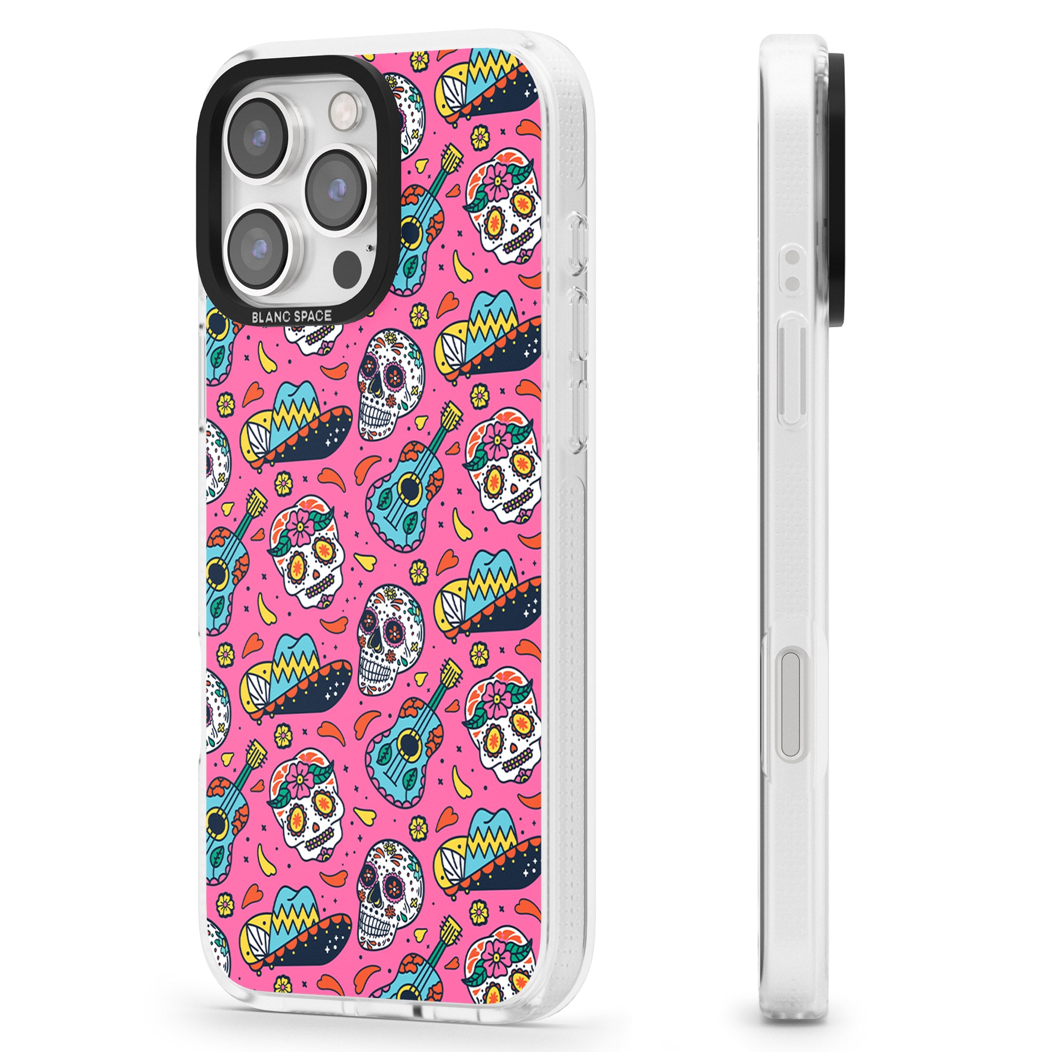 Pink Day of The Dead Pattern iPhone 16 Pro Max / 16 Pro Clear Case Impact Air - Blanc Space