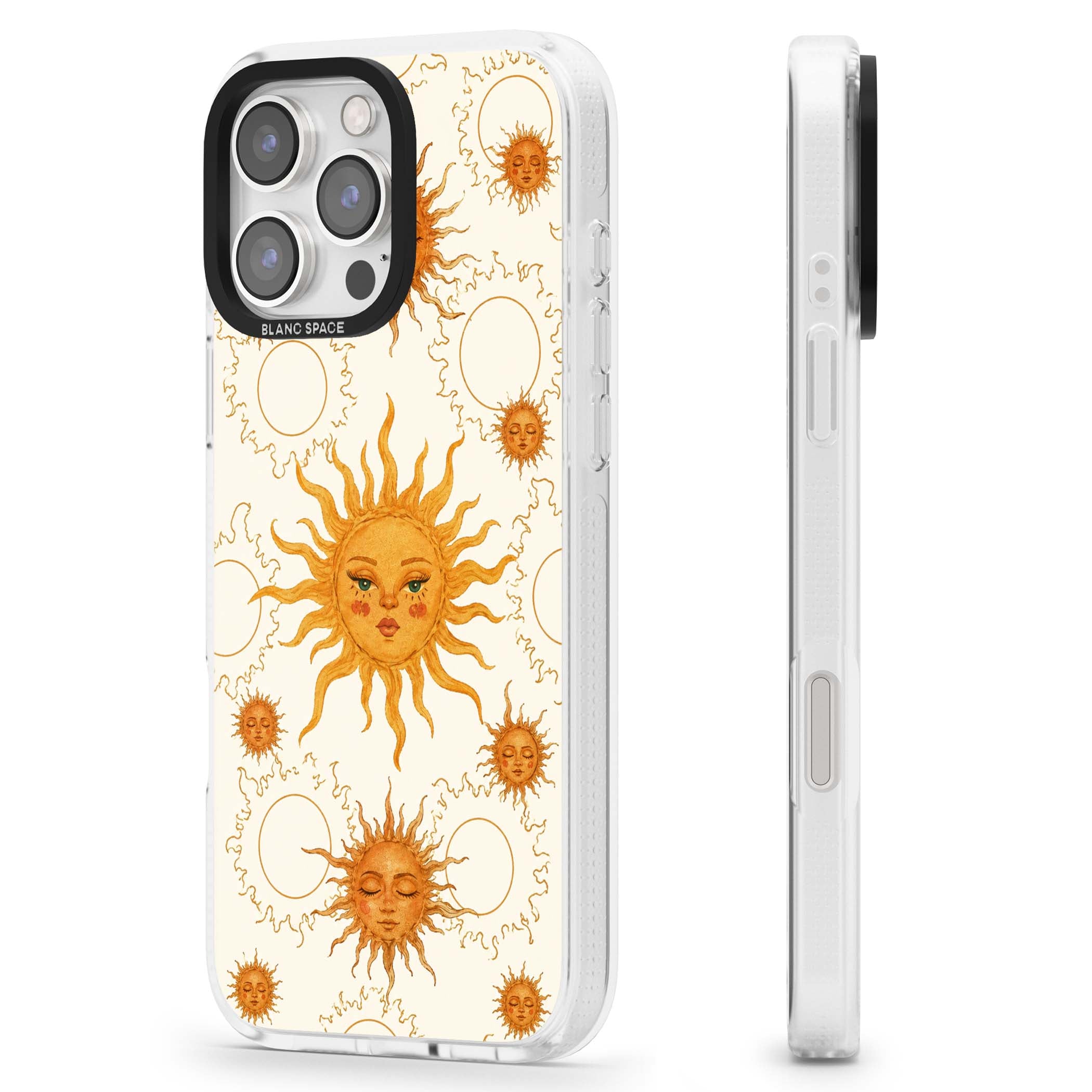 Solstice Muse celestial iPhone case featuring hand-painted golden sun faces, closed-eye sun goddesses and outlined moons... | Clear Case Impact Air case for iPhone 16 Pro, iPhone 16 Pro Max