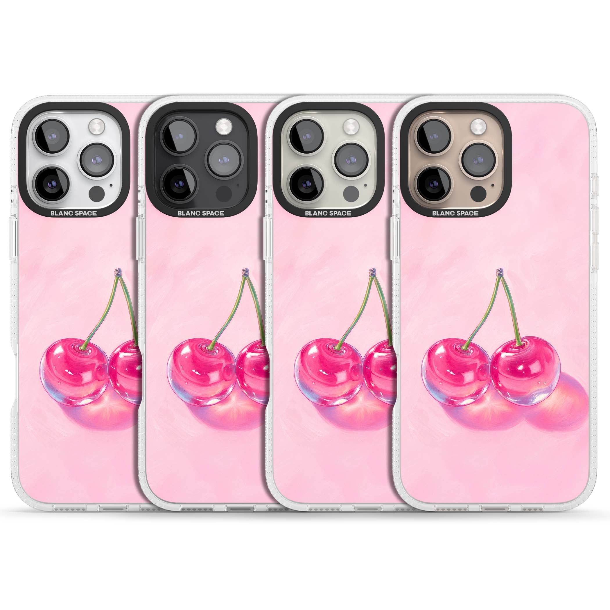 Pink Glass Cherry coquette iPhone case featuring two glossy painted cherries on a soft pink background | Clear Case Impact Air case for iPhone 16 Pro, iPhone 16 Pro Max