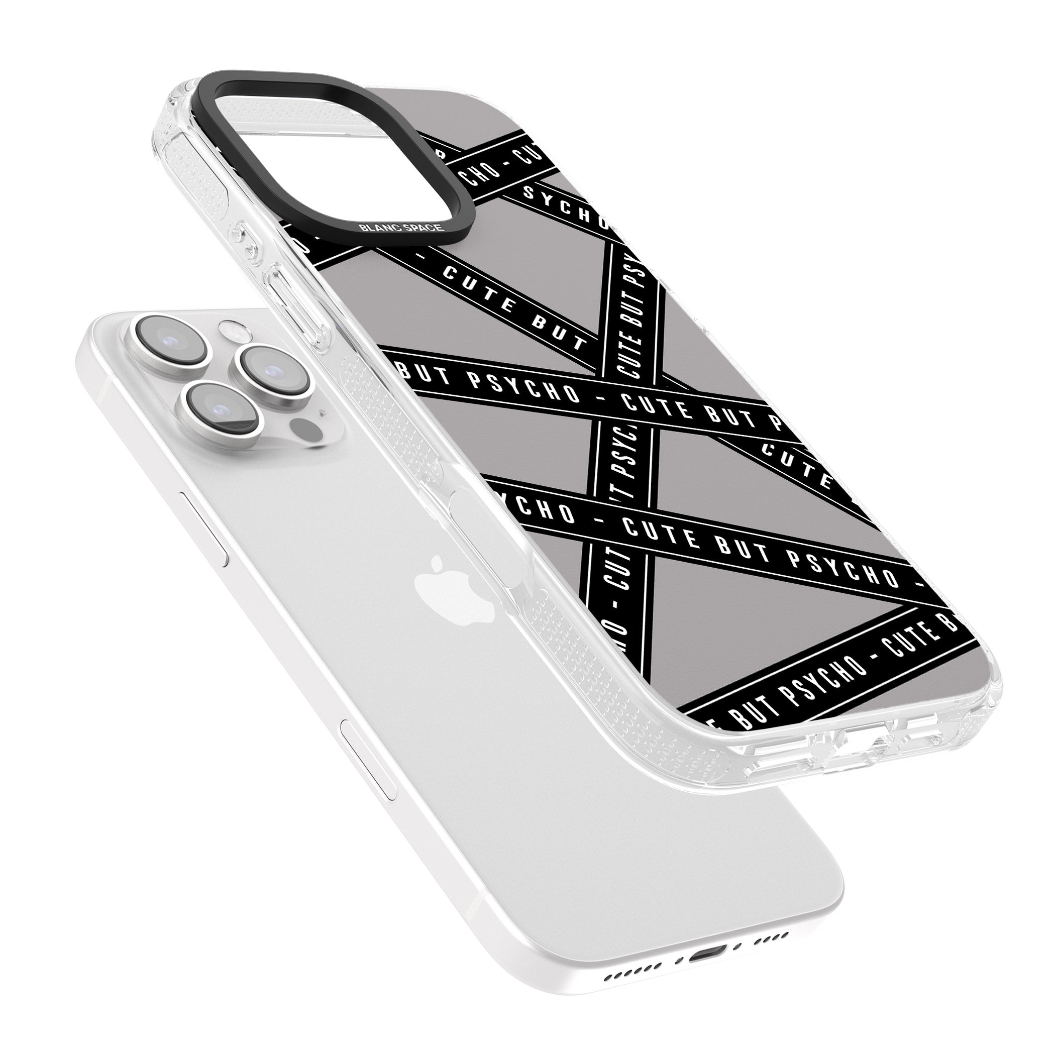 Caution Tape Phrases Cute But Psycho iPhone 16 Pro Max / 16 Pro Clear Case Impact Air - Blanc Space