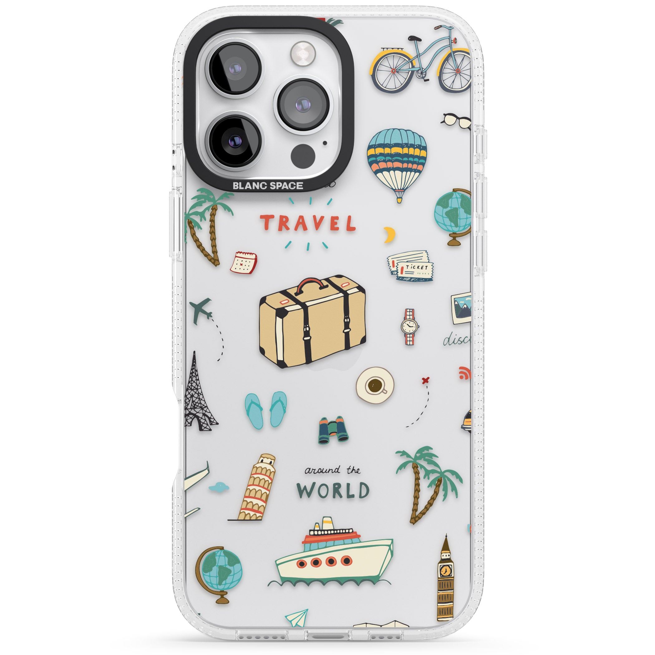 Cute Travel Pattern Transparent iPhone 16 Pro Max / 16 Pro Clear Case Impact Air - Blanc Space