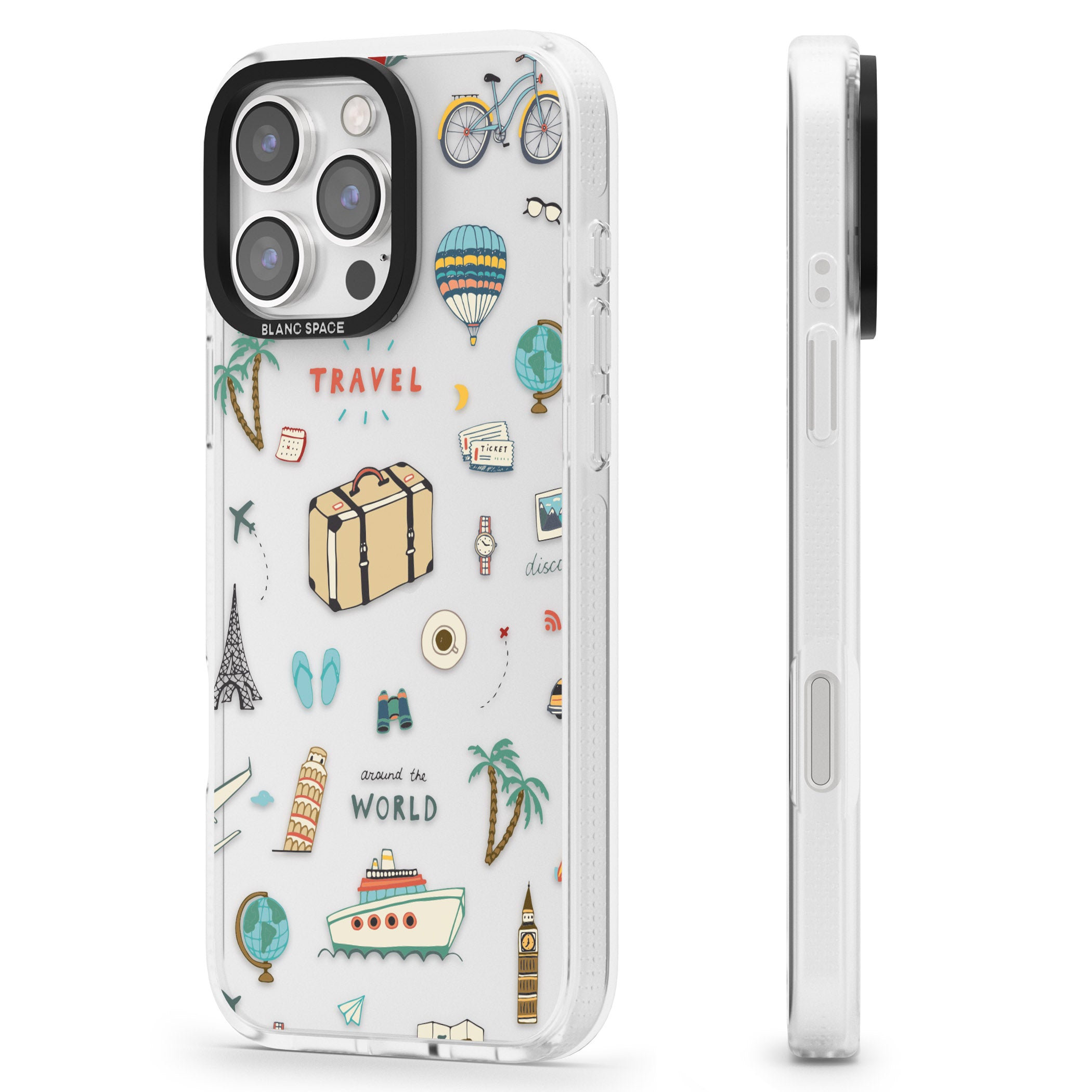 Cute Travel Pattern Transparent iPhone 16 Pro Max / 16 Pro Clear Case Impact Air - Blanc Space