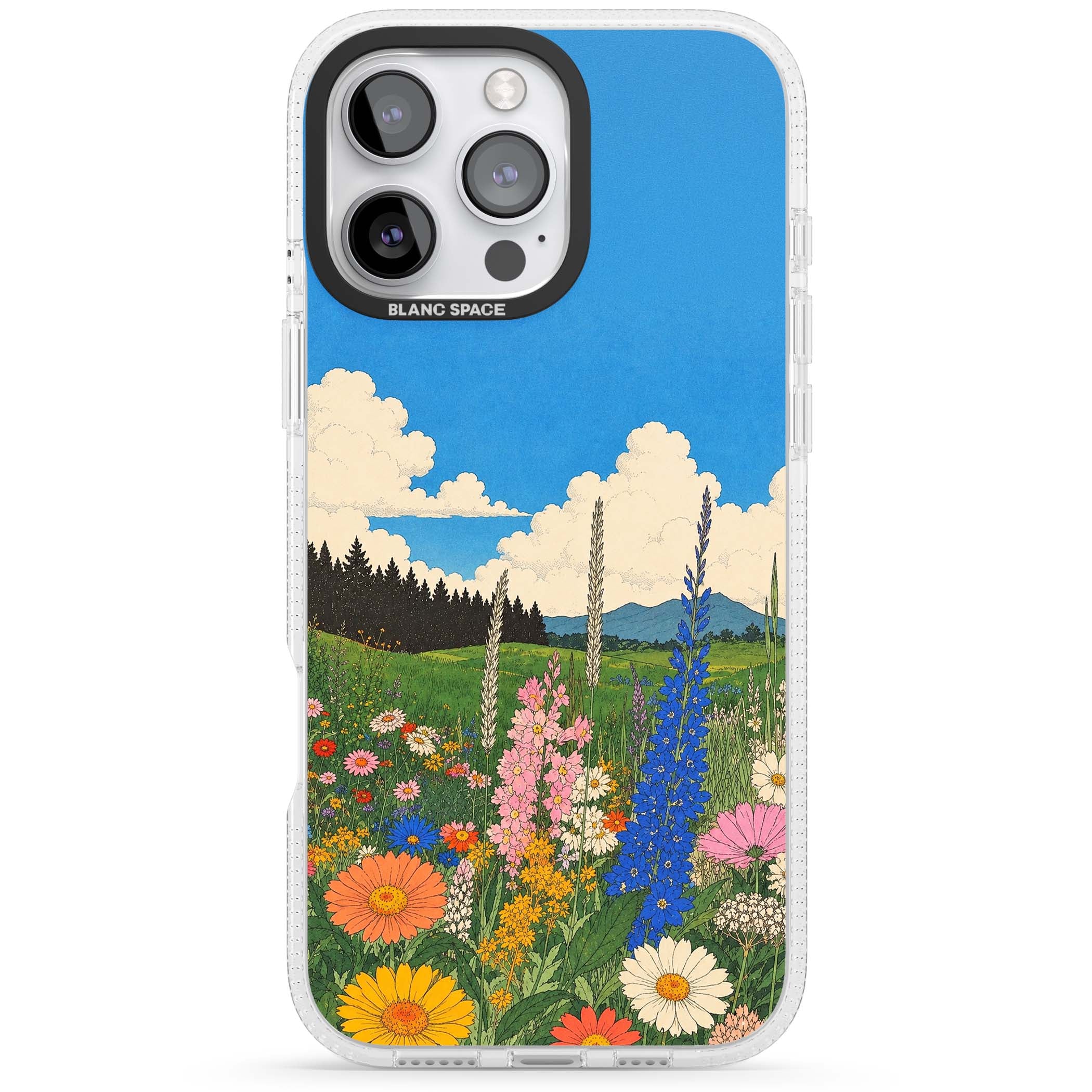 Wildbloom wildflower iPhone case featuring a vintage Japanese-style meadow landscape with daisies, delphiniums and moun | Clear Case Impact Air case for iPhone 16 Pro, iPhone 16 Pro Max