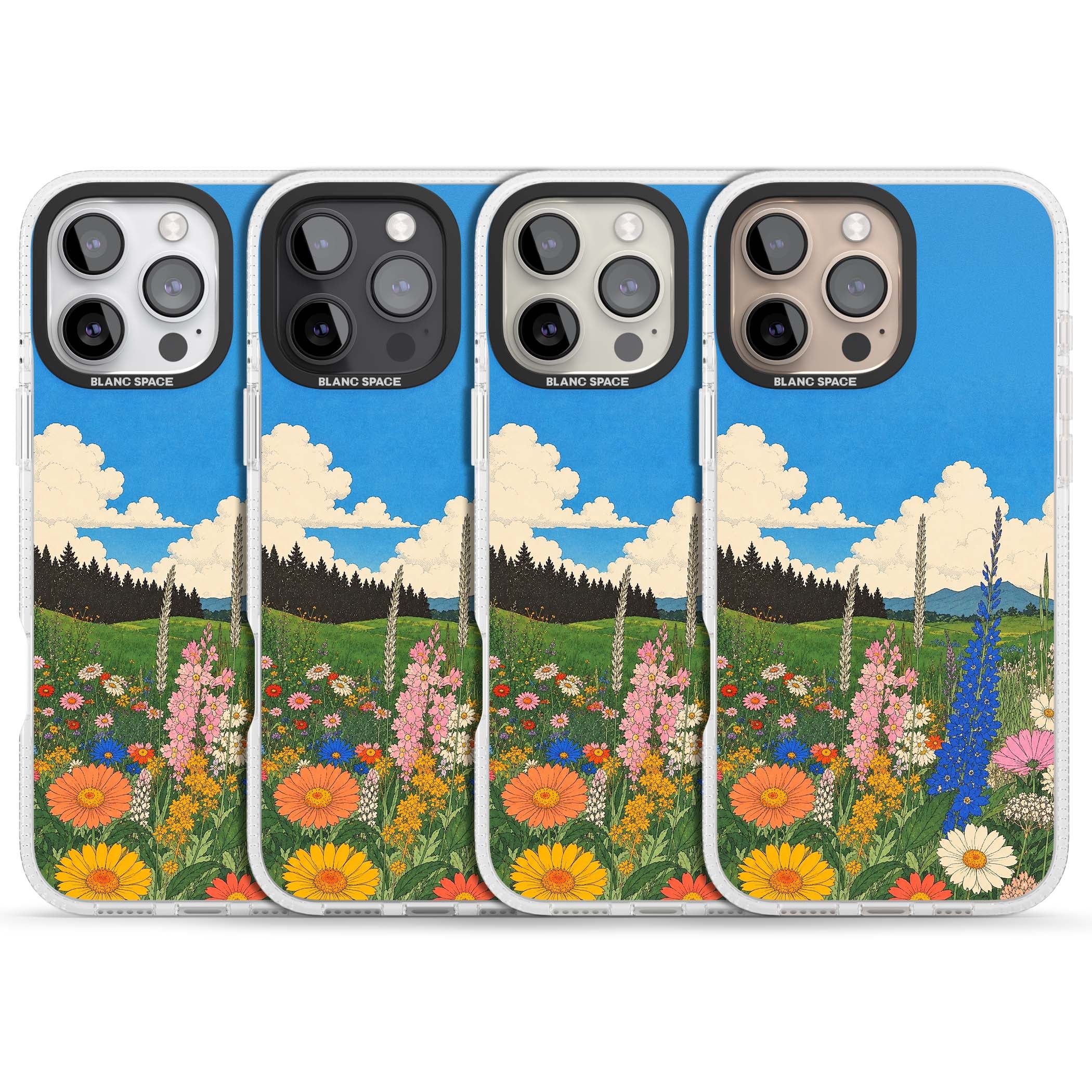 Wildbloom wildflower iPhone case featuring a vintage Japanese-style meadow landscape with daisies, delphiniums and moun | Clear Case Impact Air case for iPhone 16 Pro, iPhone 16 Pro Max