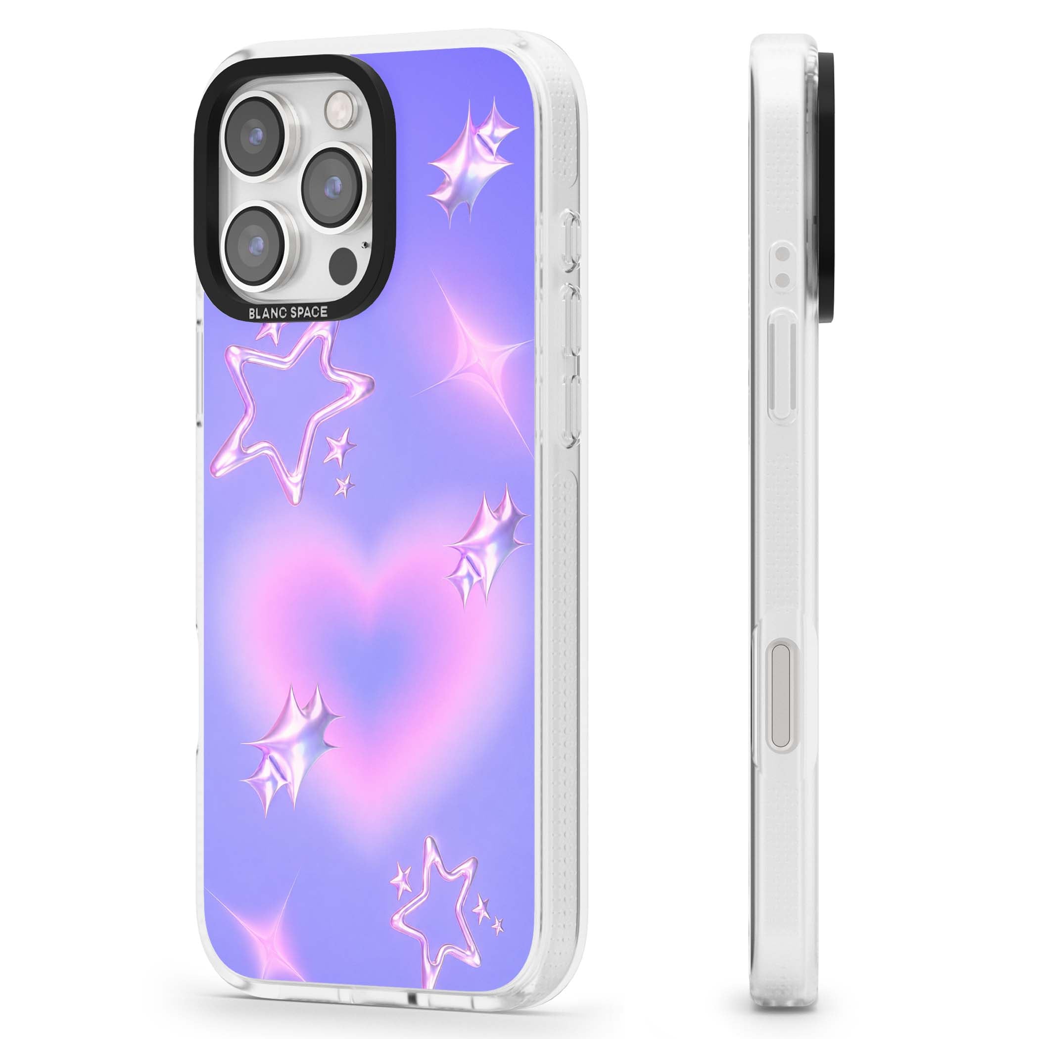 Soft Sugar Y2K iPhone case featuring iridescent chrome hearts, metallic pink stars and a lavender gradient sky | Clear Case Impact Air case for iPhone 16 Pro, iPhone 16 Pro Max