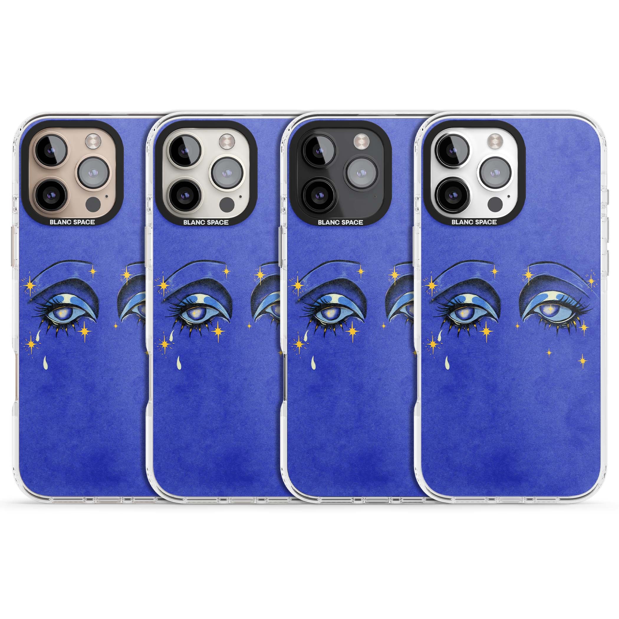 Blue Mystic Eyes celestial iPhone case featuring hand drawn blue mystical eyes, golden stars and a painted tear on indigo | Clear Impact case for iPhone 16 Pro, iPhone 16 Pro Max