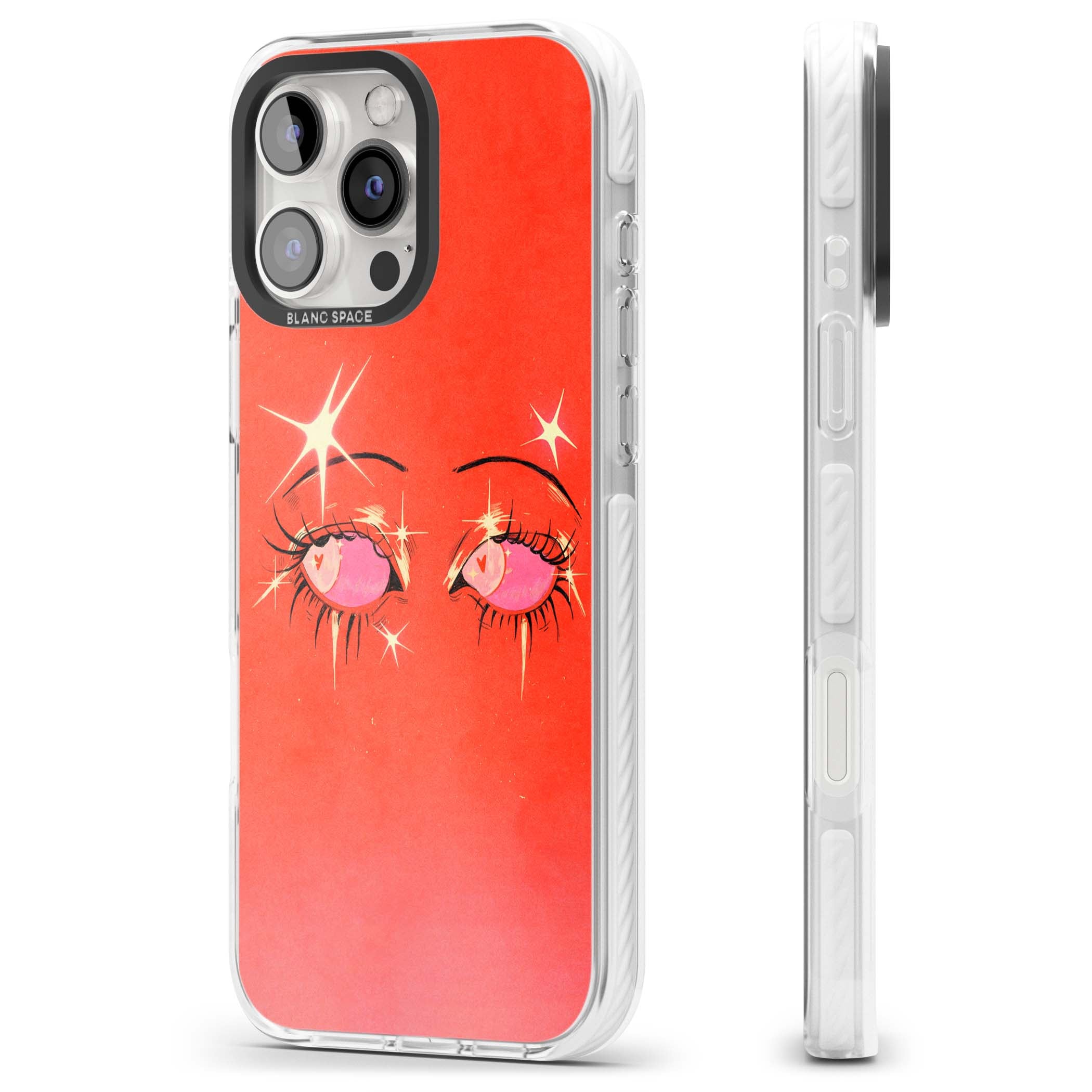 Pink Ethereal Eyes anime iPhone case featuring hand-drawn sparkly eyes with pink hearts and gold stars on red | Clear Impact case for iPhone 16 Pro, iPhone 16 Pro Max