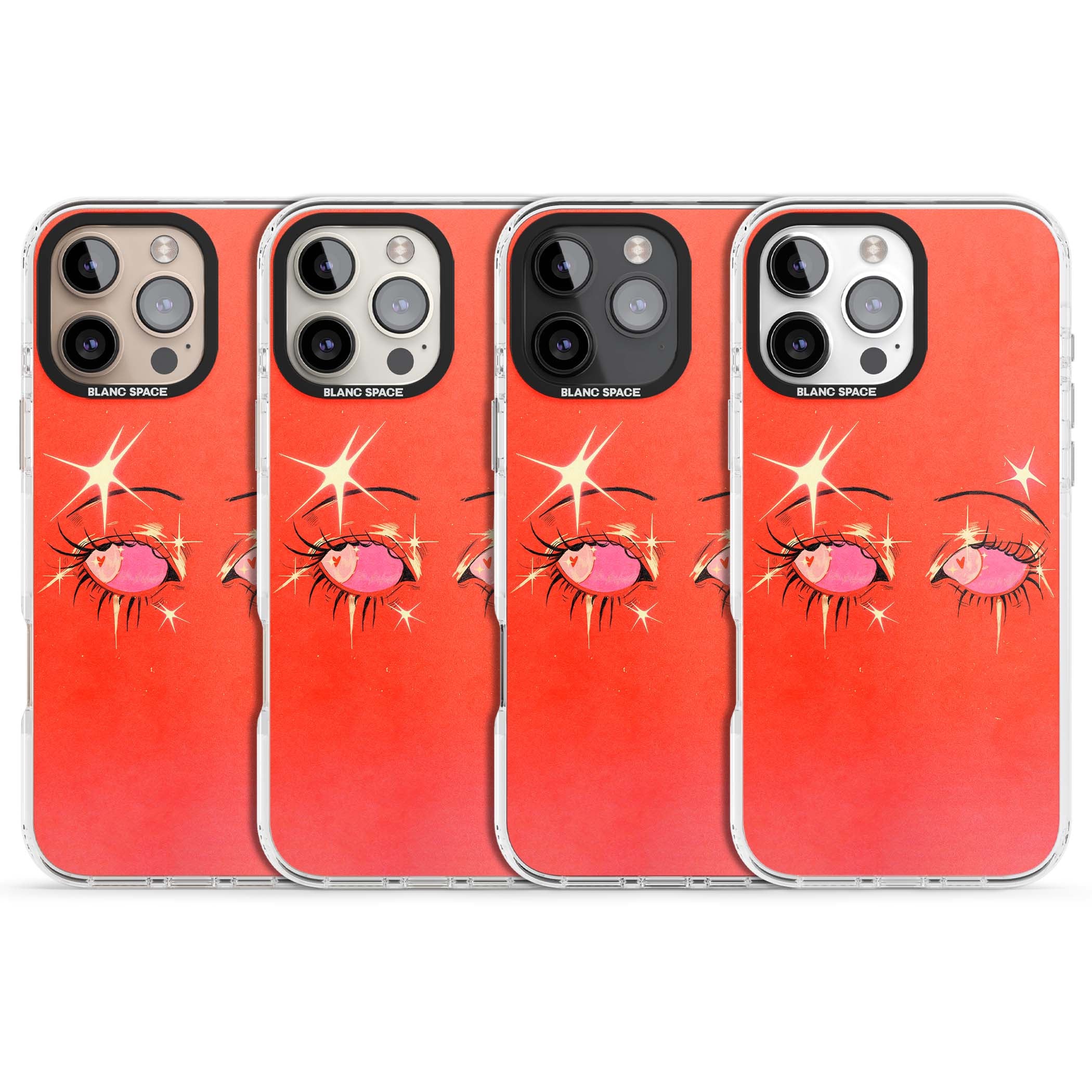 Pink Ethereal Eyes anime iPhone case featuring hand-drawn sparkly eyes with pink hearts and gold stars on red | Clear Impact case for iPhone 16 Pro, iPhone 16 Pro Max