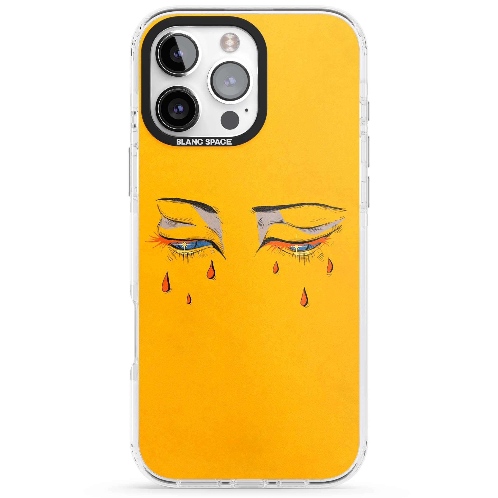 Yellow Tearful Eyes indie iPhone case featuring hand-drawn crying eyes with orange tears on a yellow background | Clear Impact case for iPhone 16 Pro, iPhone 16 Pro Max
