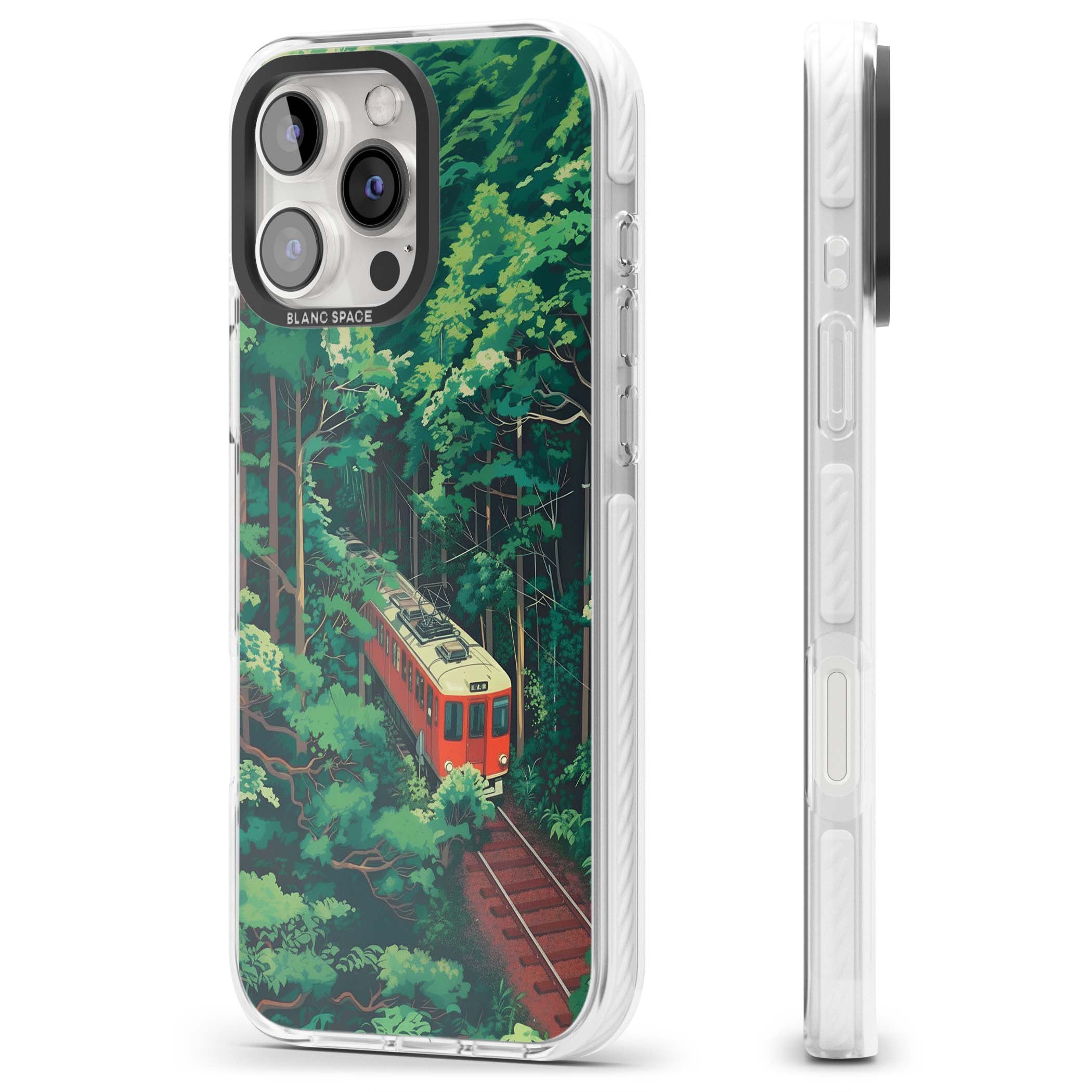 Railway In Toyama Japanese iPhone case featuring a red train, cedar forest and winding mountain railway tracks | Clear Impact case for iPhone 16 Pro, iPhone 16 Pro Max