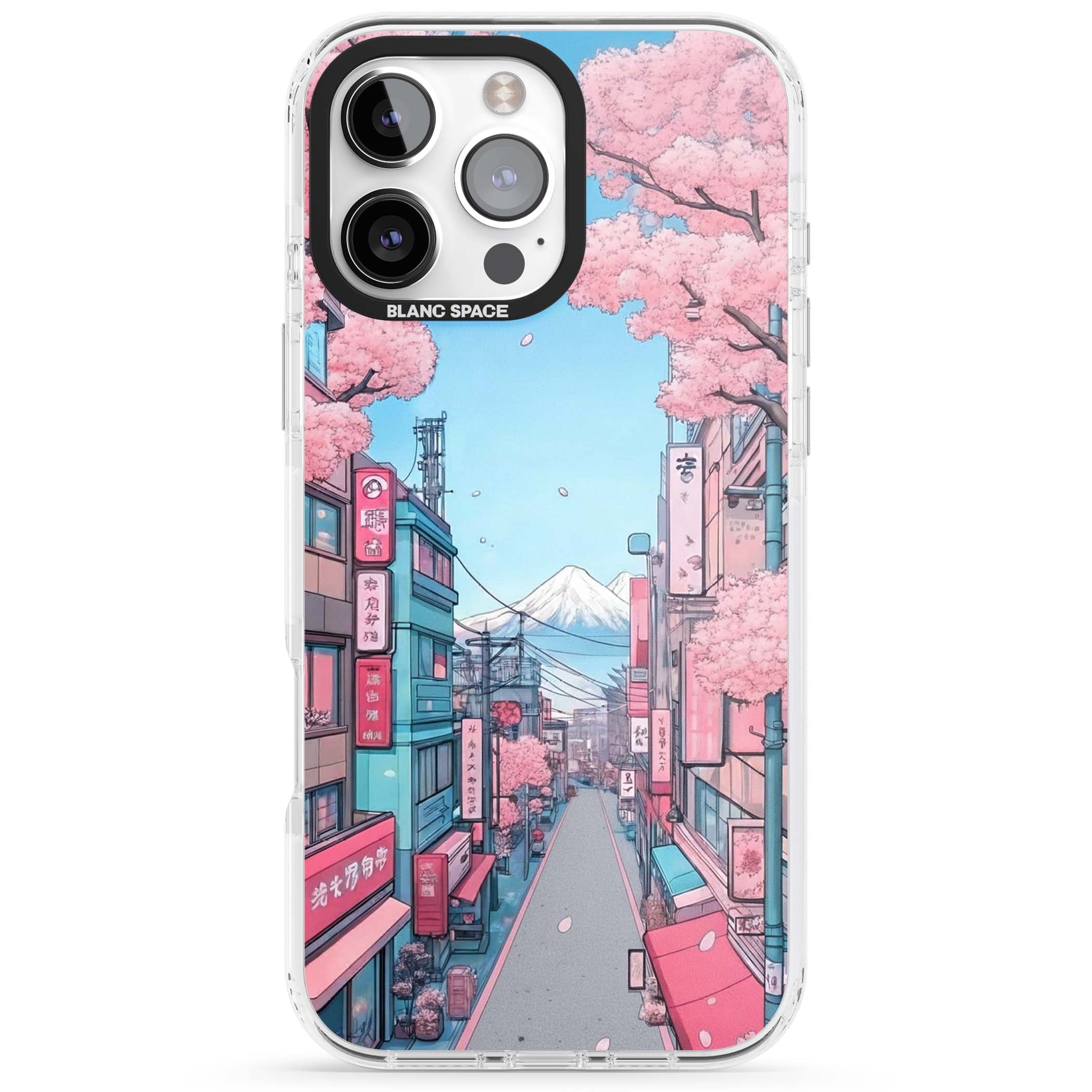 Sakura Lane anime iPhone case featuring Tokyo street scene with cherry blossoms and Mount Fuji | Clear Impact case for iPhone 16 Pro, iPhone 16 Pro Max