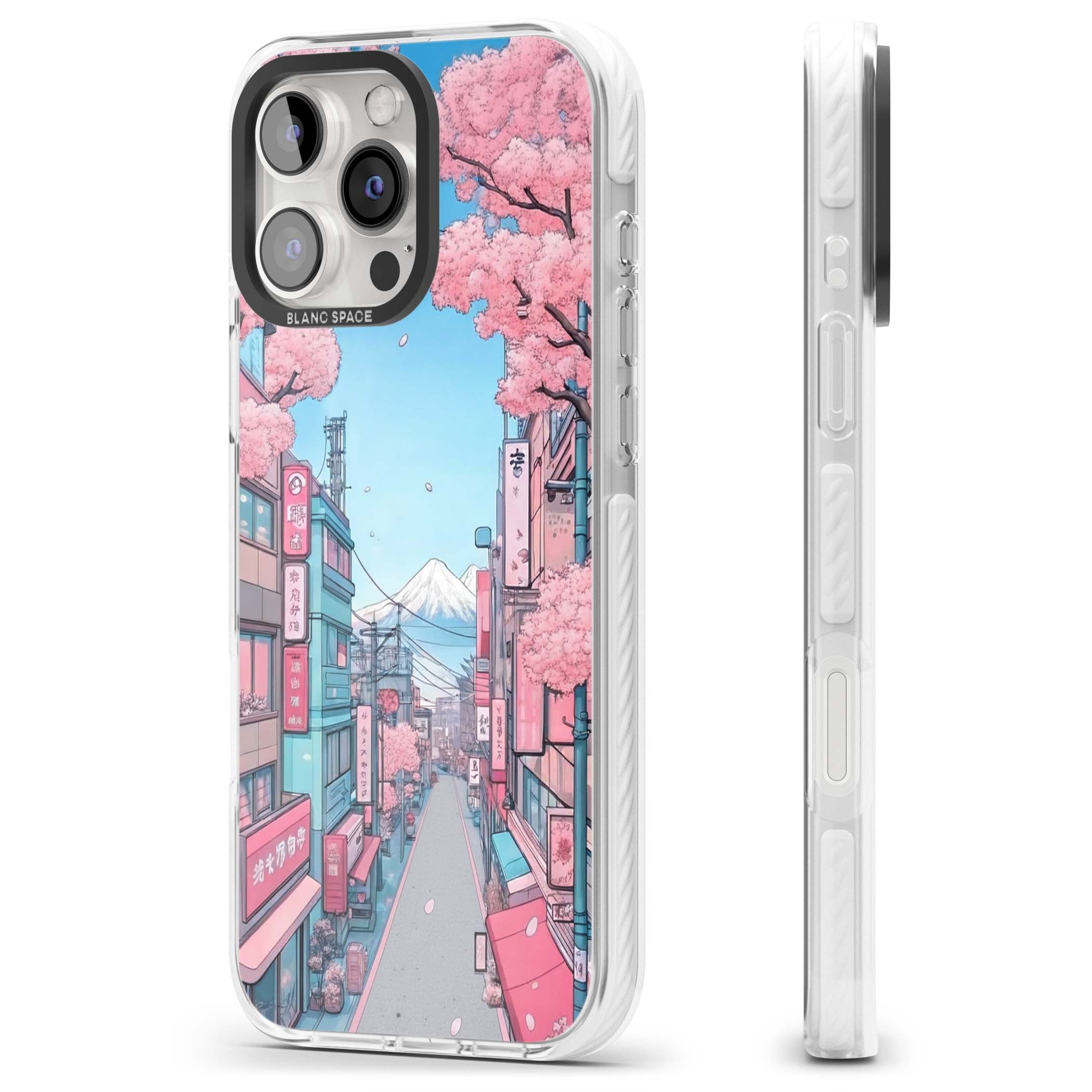 Sakura Lane anime iPhone case featuring Tokyo street scene with cherry blossoms and Mount Fuji | Clear Impact case for iPhone 16 Pro, iPhone 16 Pro Max