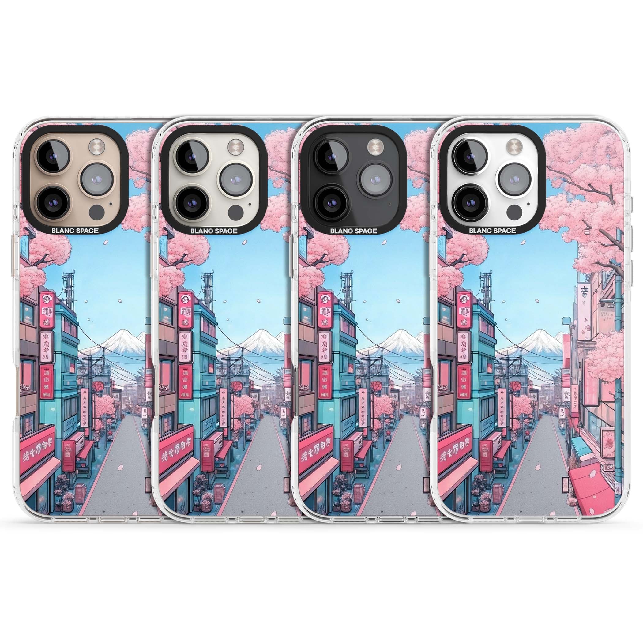 Sakura Lane anime iPhone case featuring Tokyo street scene with cherry blossoms and Mount Fuji | Clear Impact case for iPhone 16 Pro, iPhone 16 Pro Max