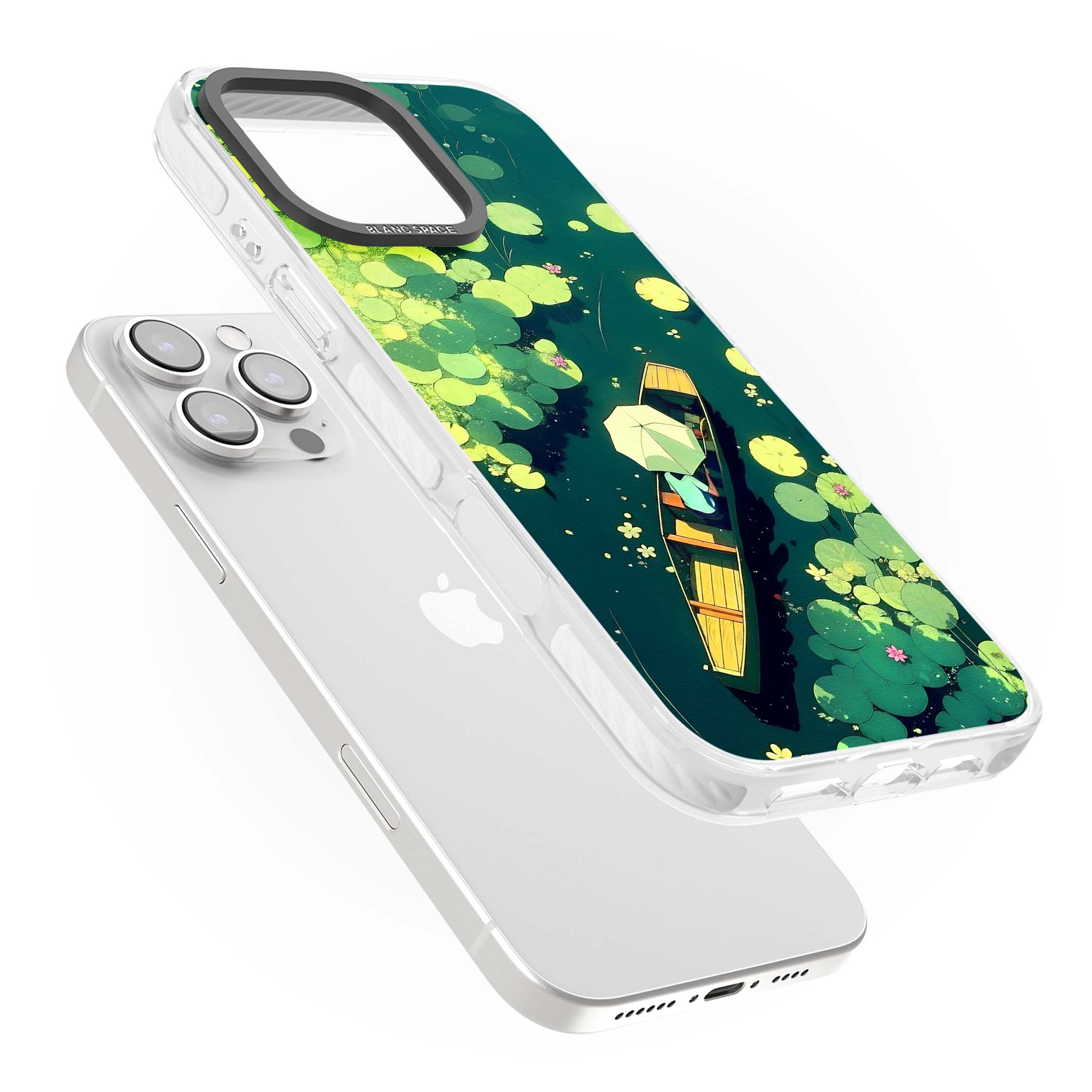 Jade Waters cottagecore iPhone case featuring a painted lily pond, wooden boat with parasol and floating water lilies | Clear Impact case for iPhone 16 Pro, iPhone 16 Pro Max