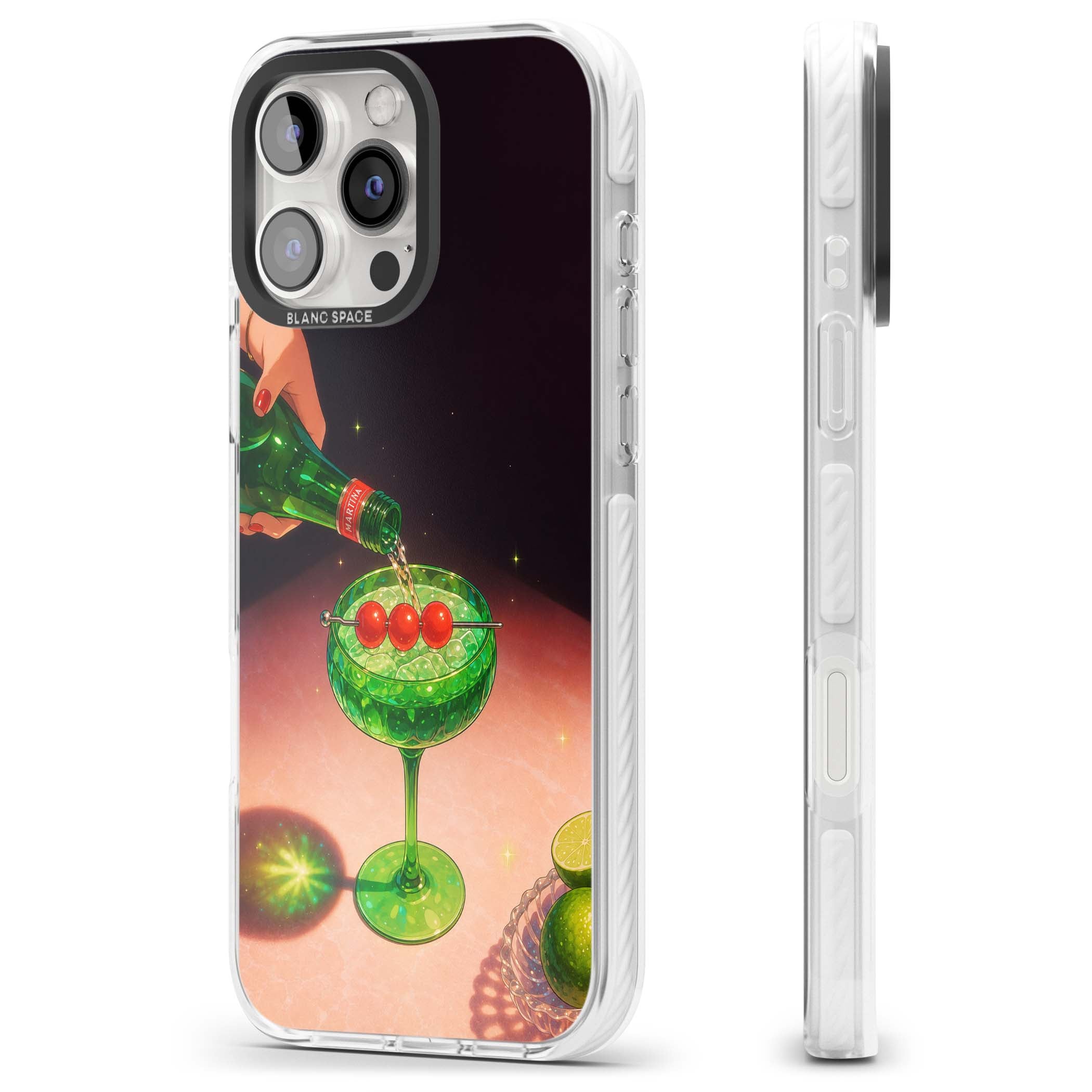 Absinthe Hour cocktail iPhone case featuring a green coupe glass, cherry garnish and vintage bottle pour illustration | Clear Impact case for iPhone 16 Pro, iPhone 16 Pro Max