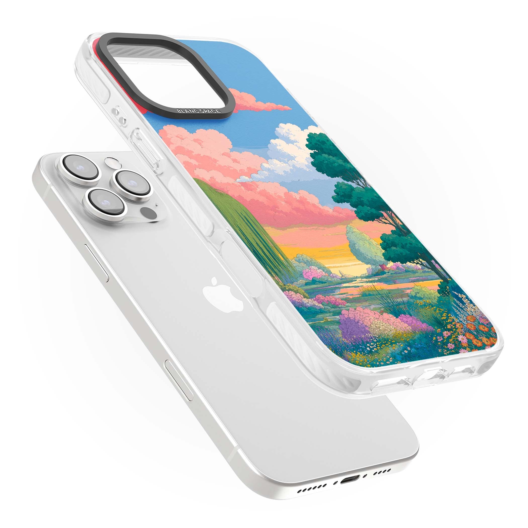 Dream Valley anime landscape iPhone case featuring pink sunset clouds, willow trees and wildflowers | Clear Impact case for iPhone 16 Pro, iPhone 16 Pro Max
