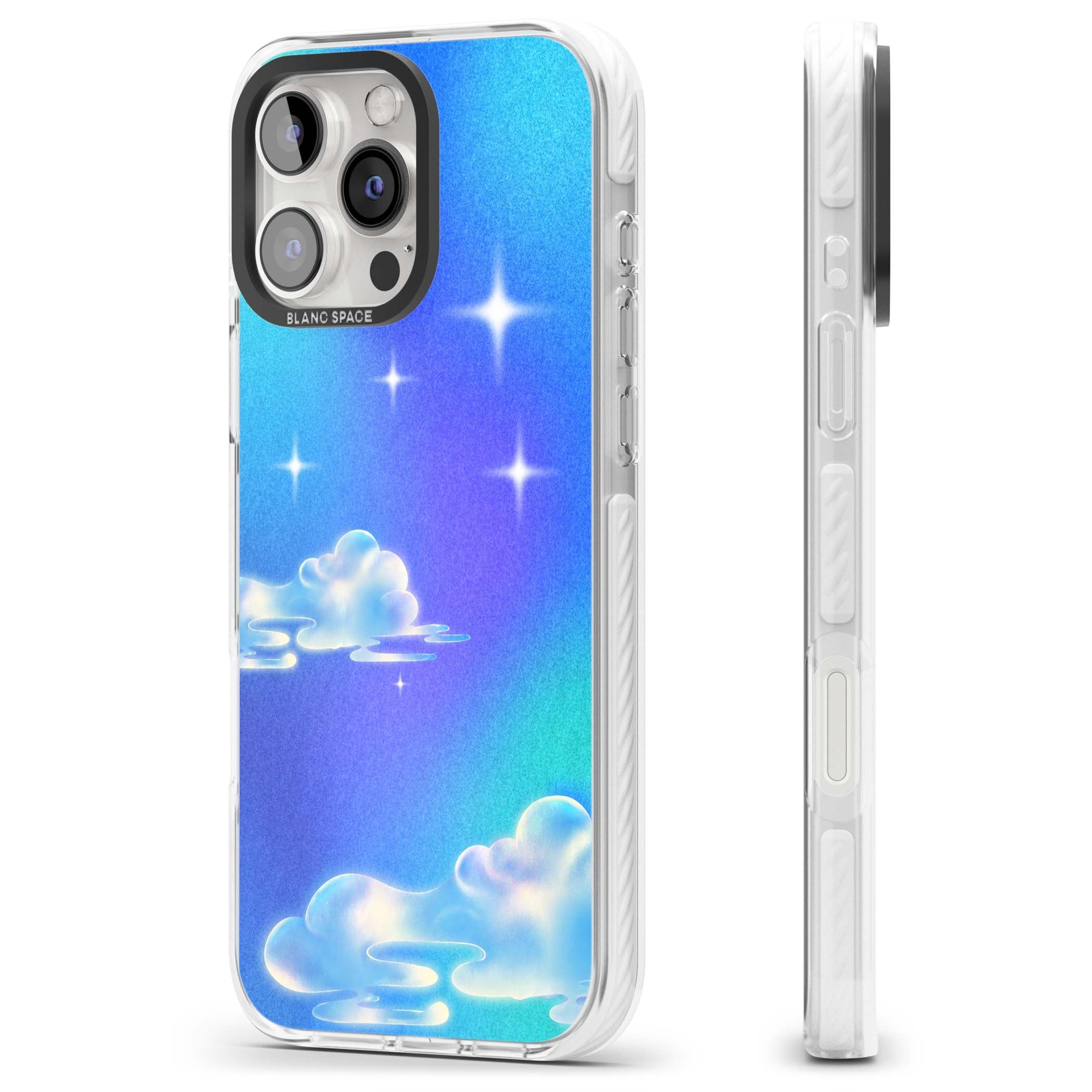 Aurora celestial iPhone case featuring dreamy iridescent clouds, sparkling stars and pastel blue purple sky | Clear Impact case for iPhone 16 Pro, iPhone 16 Pro Max