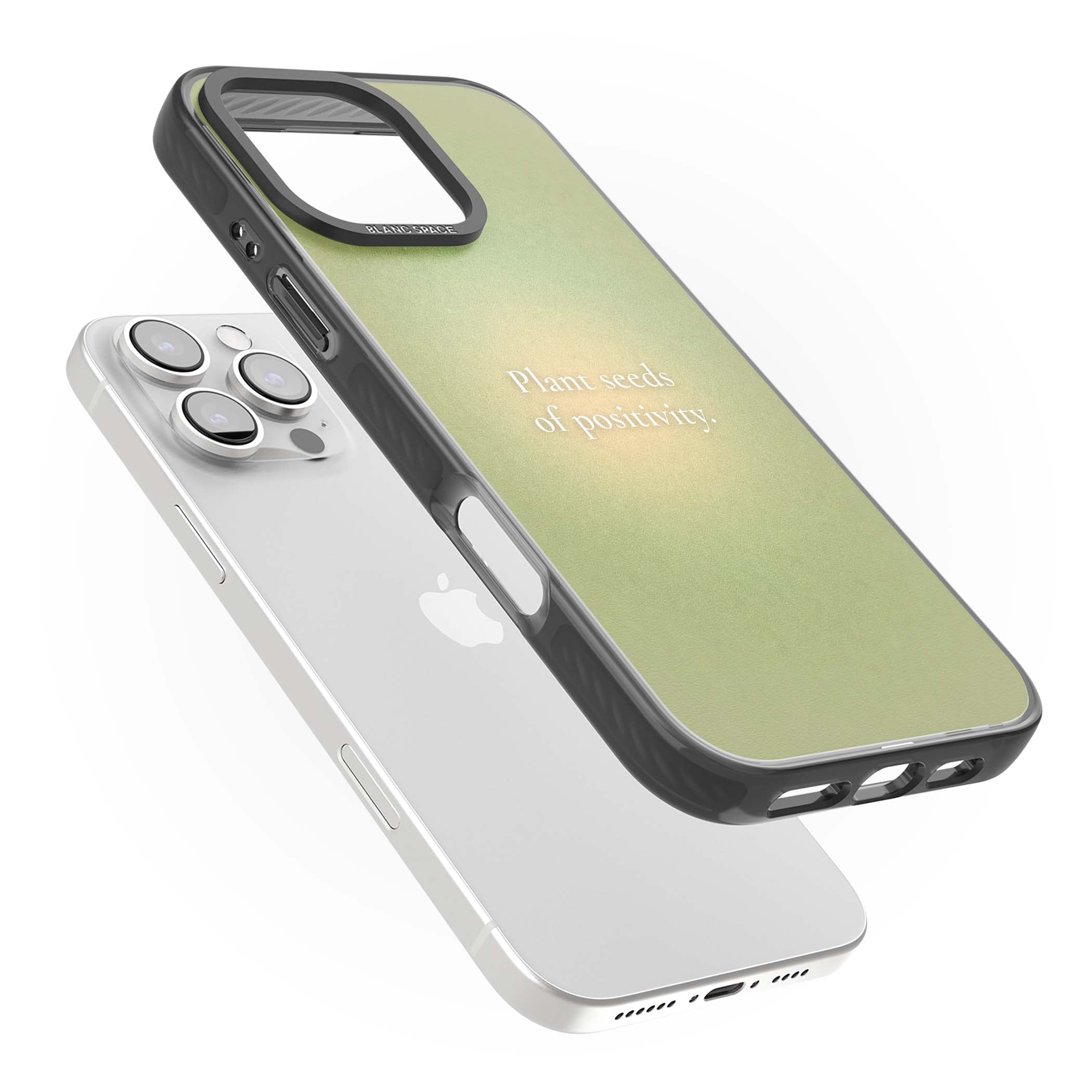 Seeds of Positivity quote iPhone case featuring a sage green aura gradient and golden glow affirmation | Black Impact case for iPhone 16 Pro, iPhone 16 Pro Max