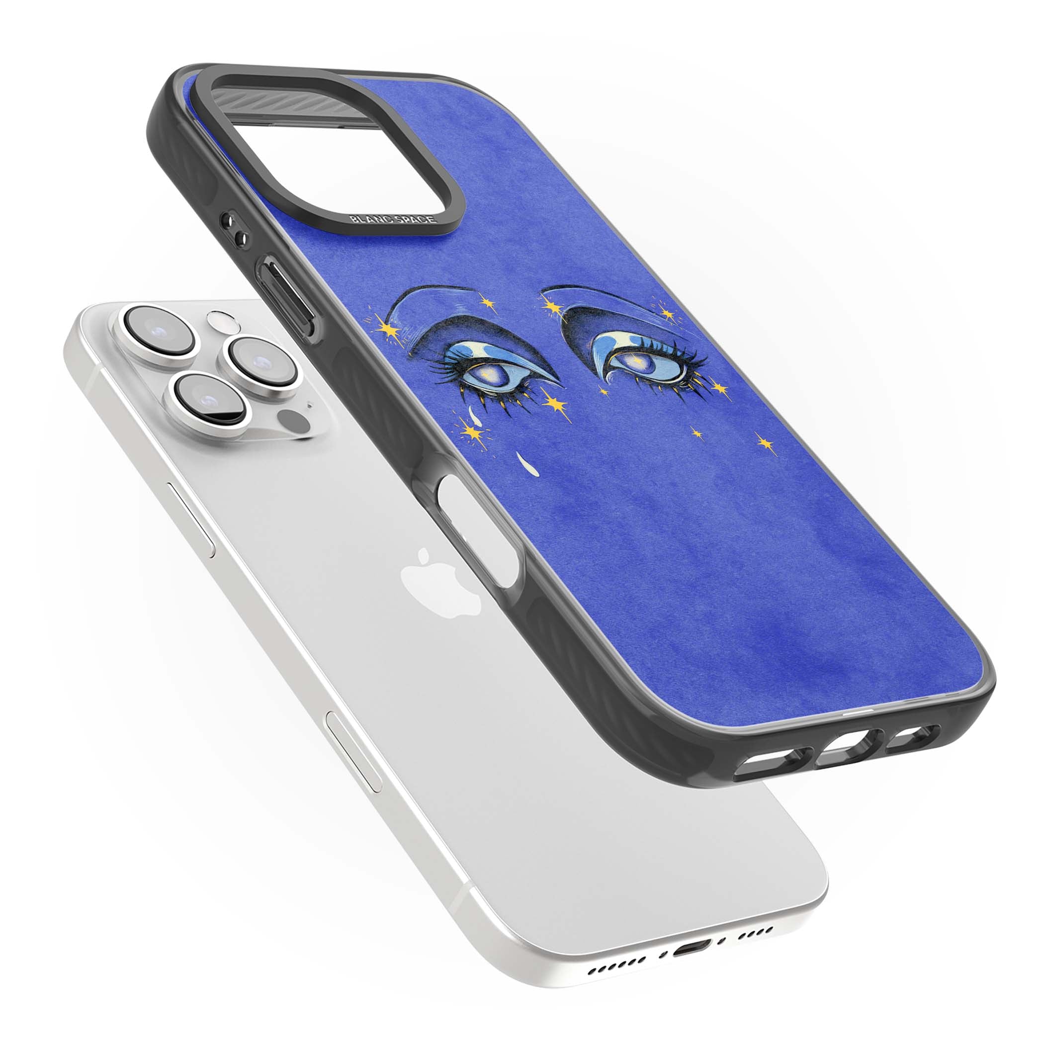 Blue Mystic Eyes celestial iPhone case featuring hand drawn blue mystical eyes, golden stars and a painted tear on indigo | Black Impact case for iPhone 16 Pro, iPhone 16 Pro Max