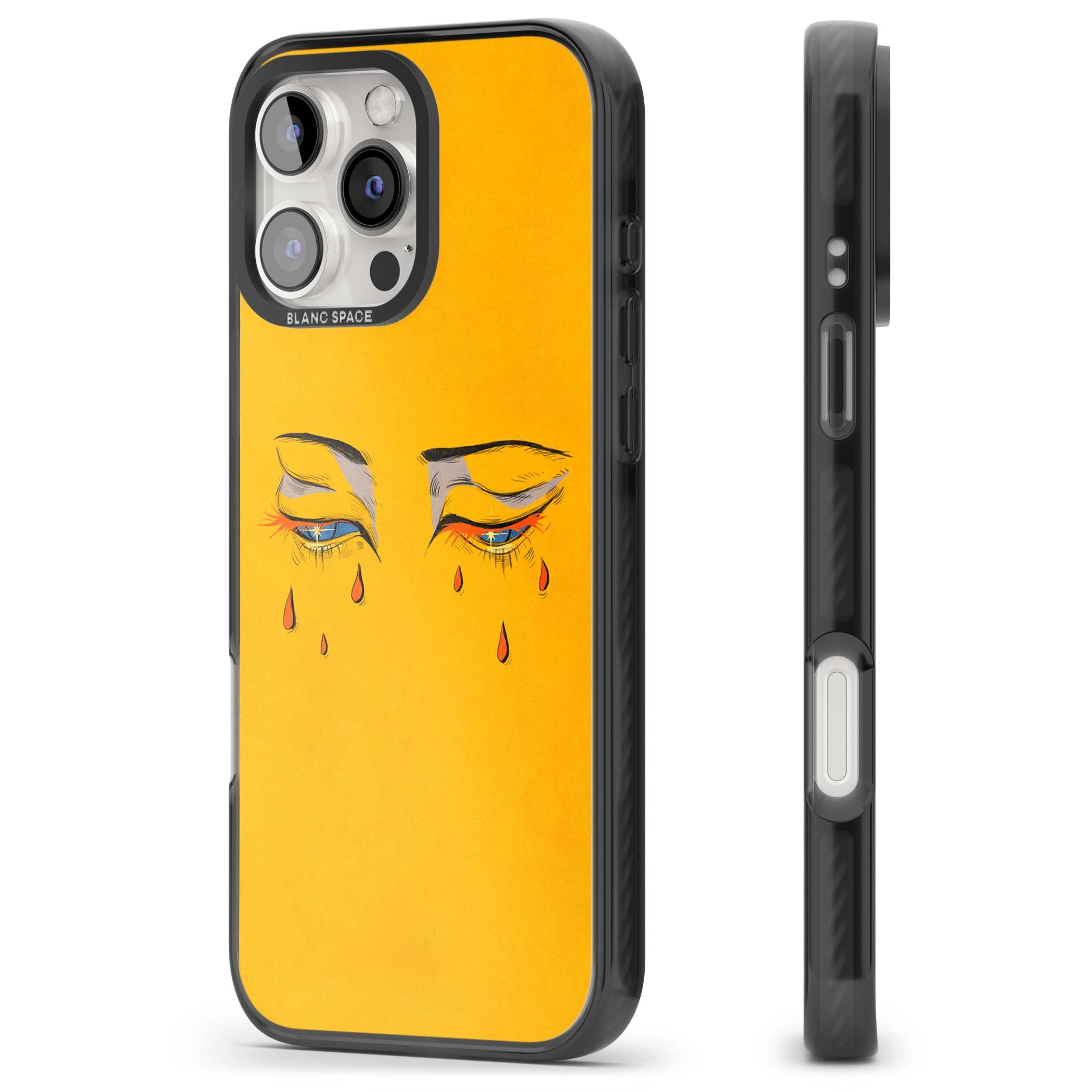 Yellow Tearful Eyes indie iPhone case featuring hand-drawn crying eyes with orange tears on a yellow background | Black Impact case for iPhone 16 Pro, iPhone 16 Pro Max