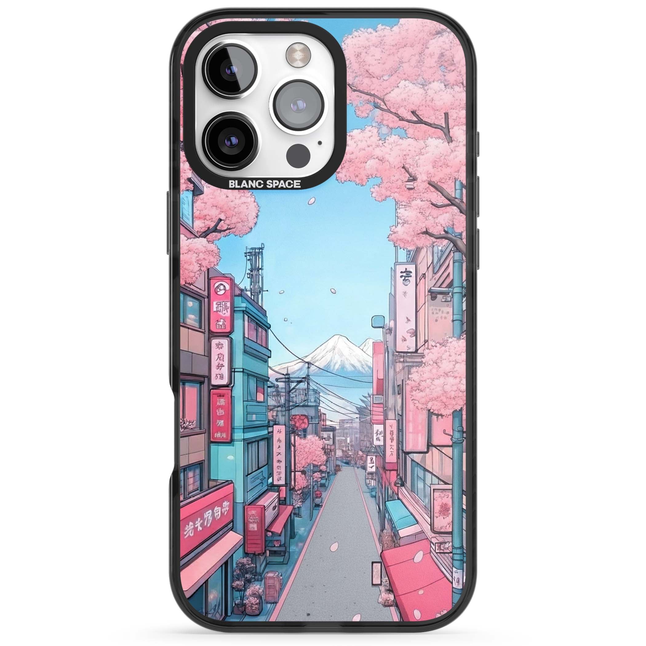 Sakura Lane anime iPhone case featuring Tokyo street scene with cherry blossoms and Mount Fuji | Black Impact case for iPhone 16 Pro, iPhone 16 Pro Max