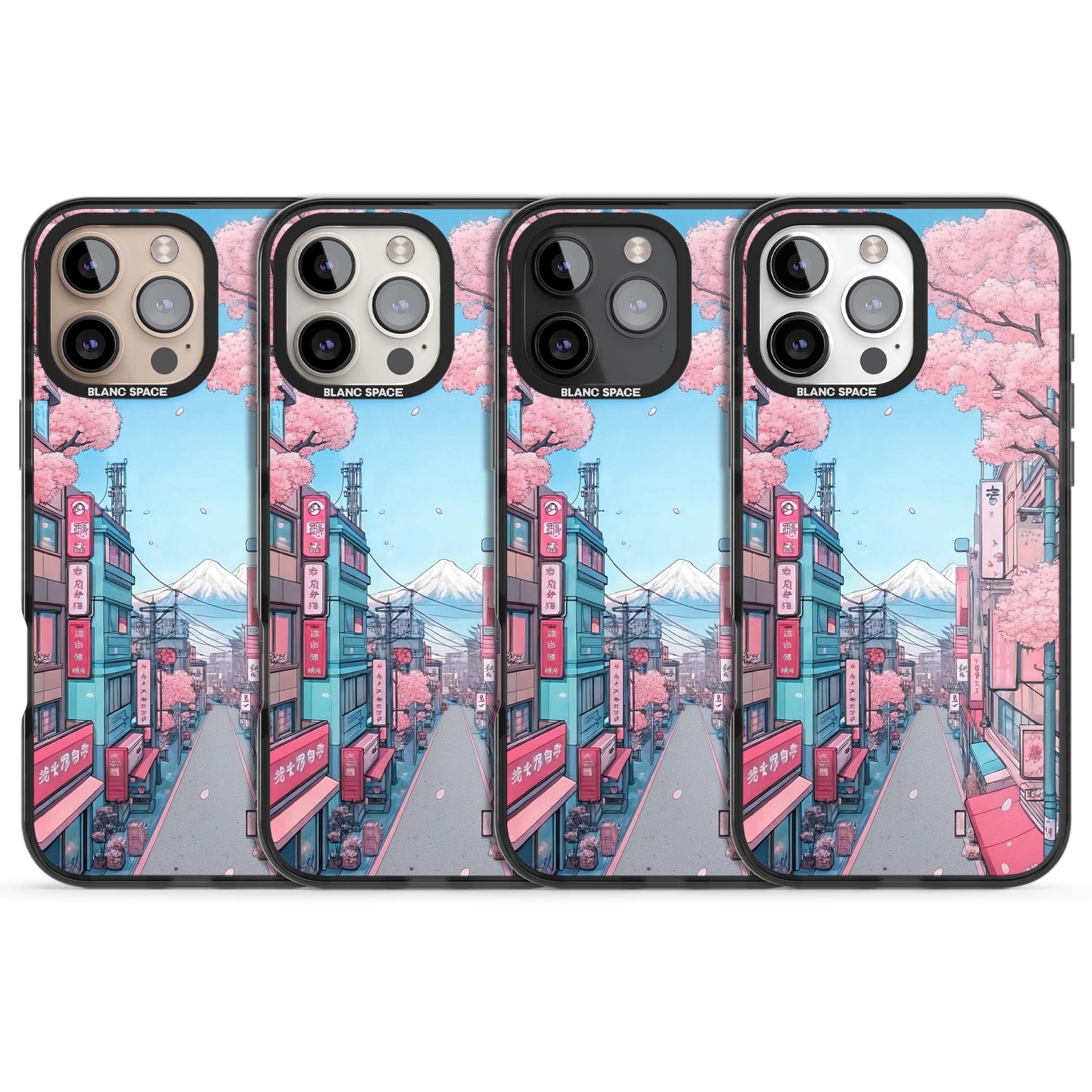 Sakura Lane anime iPhone case featuring Tokyo street scene with cherry blossoms and Mount Fuji | Black Impact case for iPhone 16 Pro, iPhone 16 Pro Max