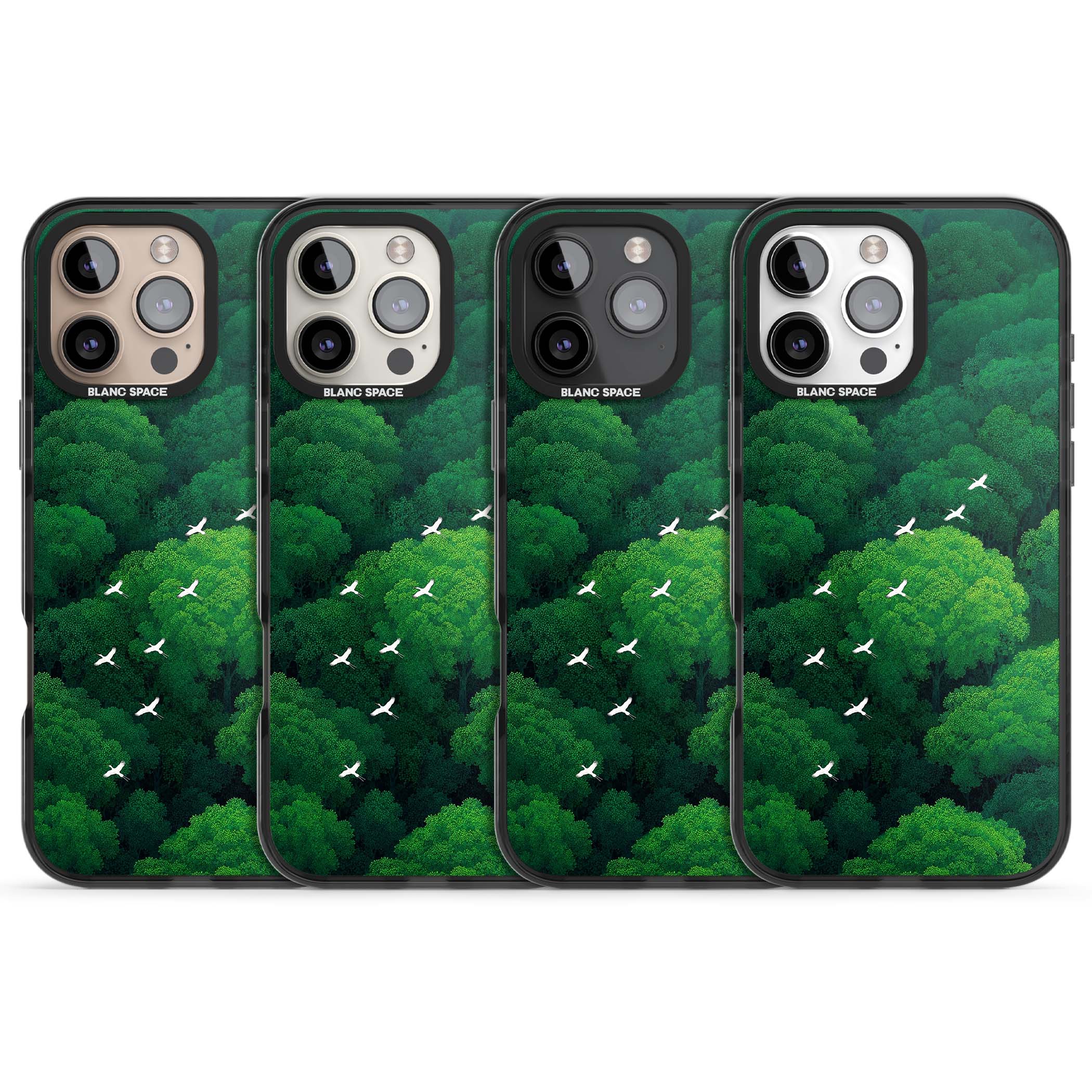 Grove Migration forest iPhone case featuring white cranes flying over lush green treetop canopy | Black Impact case for iPhone 16 Pro, iPhone 16 Pro Max