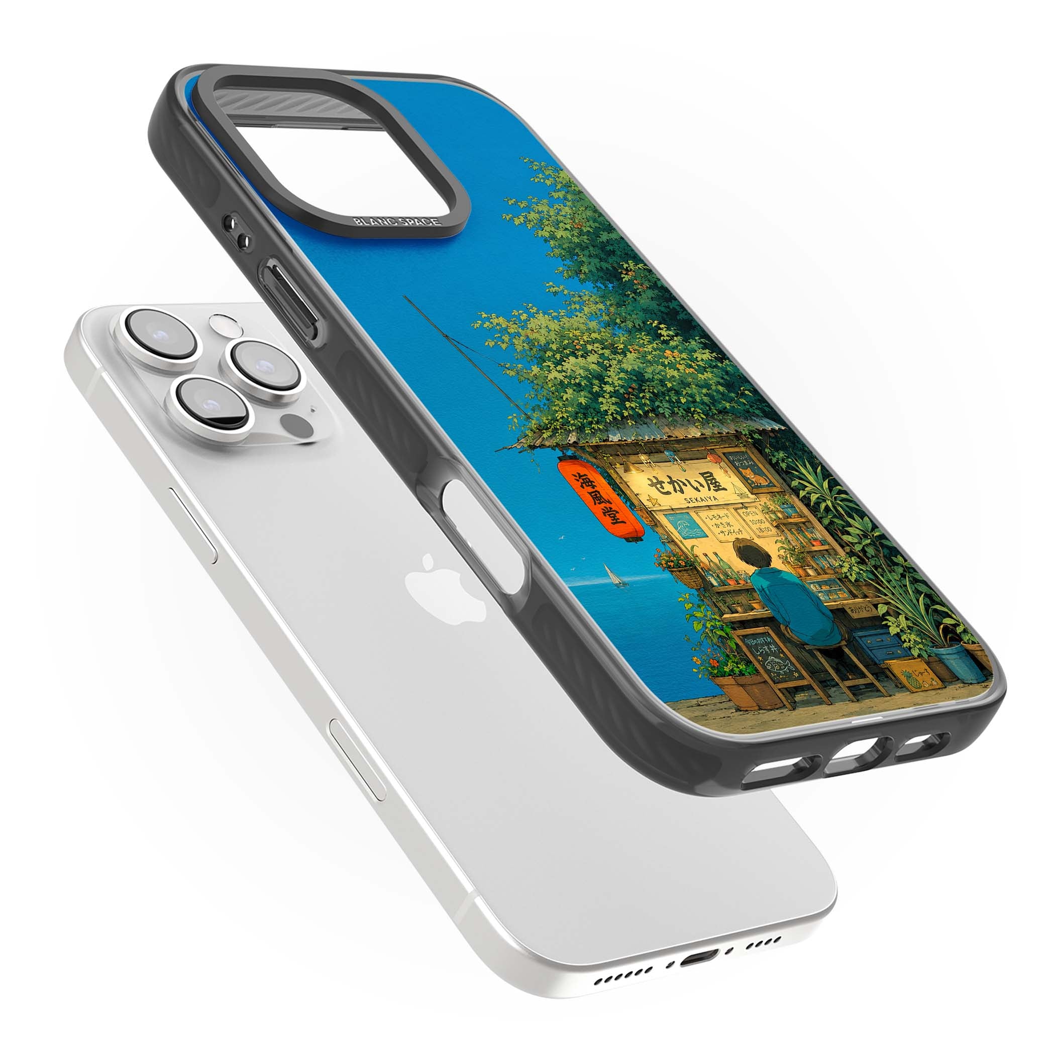 The Shirahama Kiosk anime iPhone case featuring a Japanese seaside shop, red paper lantern and ocean view | Black Impact case for iPhone 16 Pro, iPhone 16 Pro Max